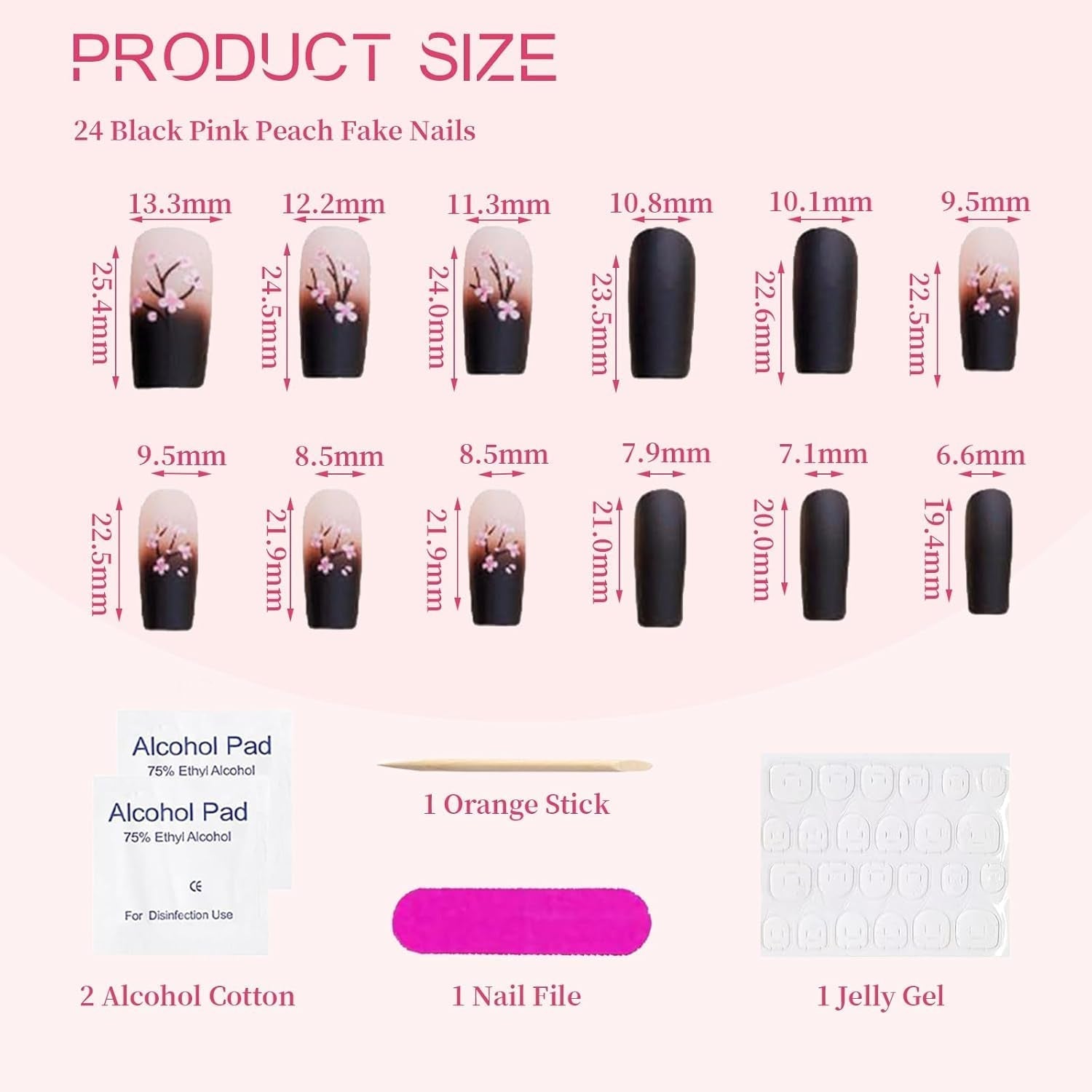 24 pezzi Autunno Nero French Press Unghie Fiore rosa Unghie lunghe Colla su unghie finte Autunno Unghie finte Set con accessori