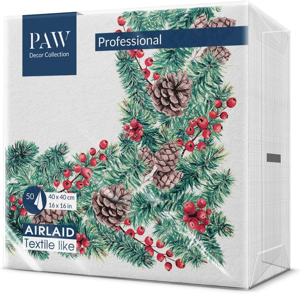 PAW - Tovaglioli Airlaid (40 X 40 Cm) I 50 Pezzi I Perfetto per Natale, Inverno, Vacanze I Decorazioni per la tavola della Vigilia di Natale I Tovaglioli Simil Tessuto Airlaid Rami Invernali I Rami Invernali