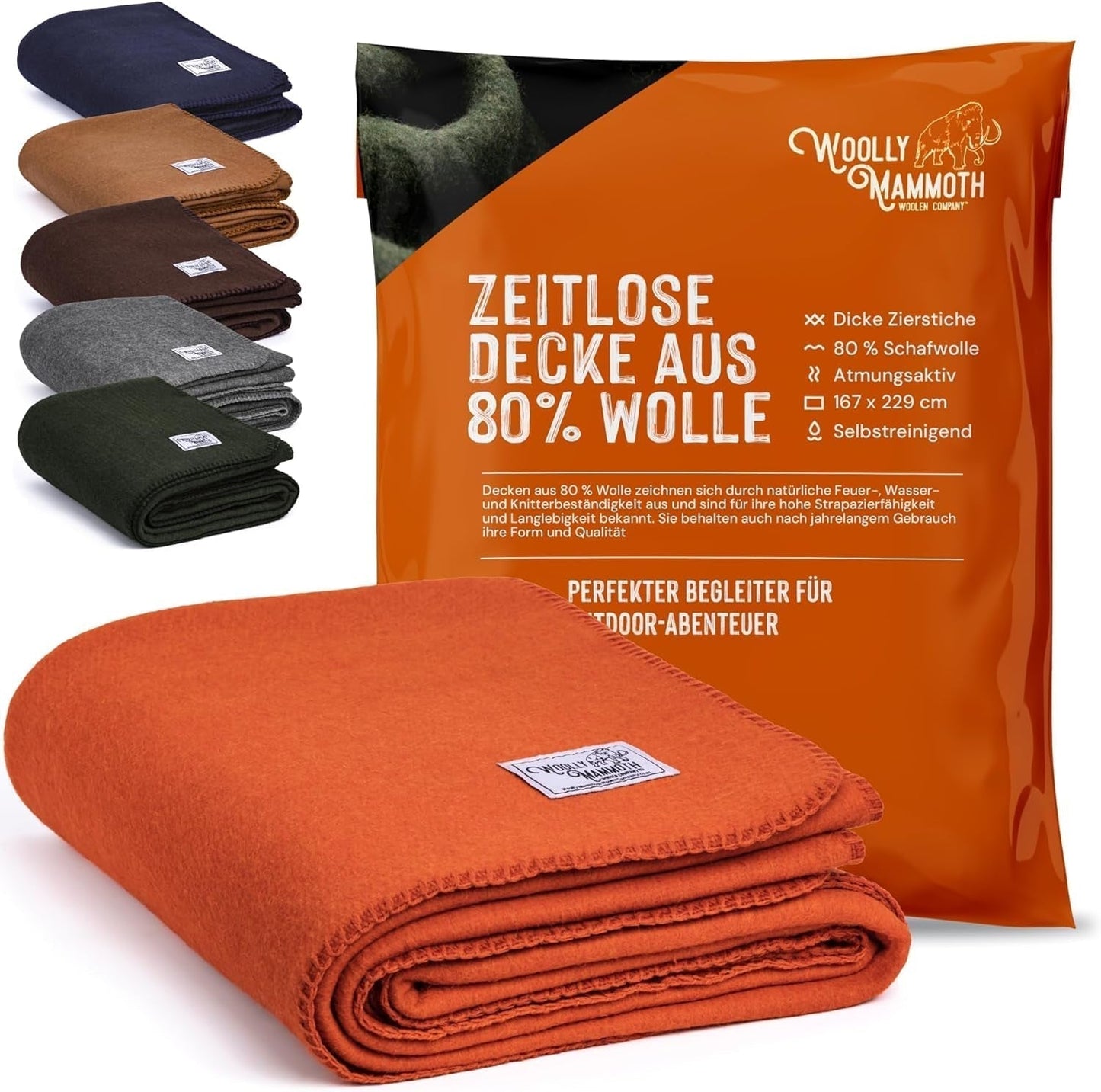 Coperta da campeggio Woolly Mammoth Woolen Co., extra large, lana merino, L'attrezzatura esterna perfetta per bushcraft, campeggio, trekking, escursionismo, sopravvivenza o coperta da cabina. Marrone, 168 X 228 Woolly Mammoth Woollen Company Arancione/Rosso Evening Zigzag (Sunset Chevron) 66" X 90" Letti e coperte