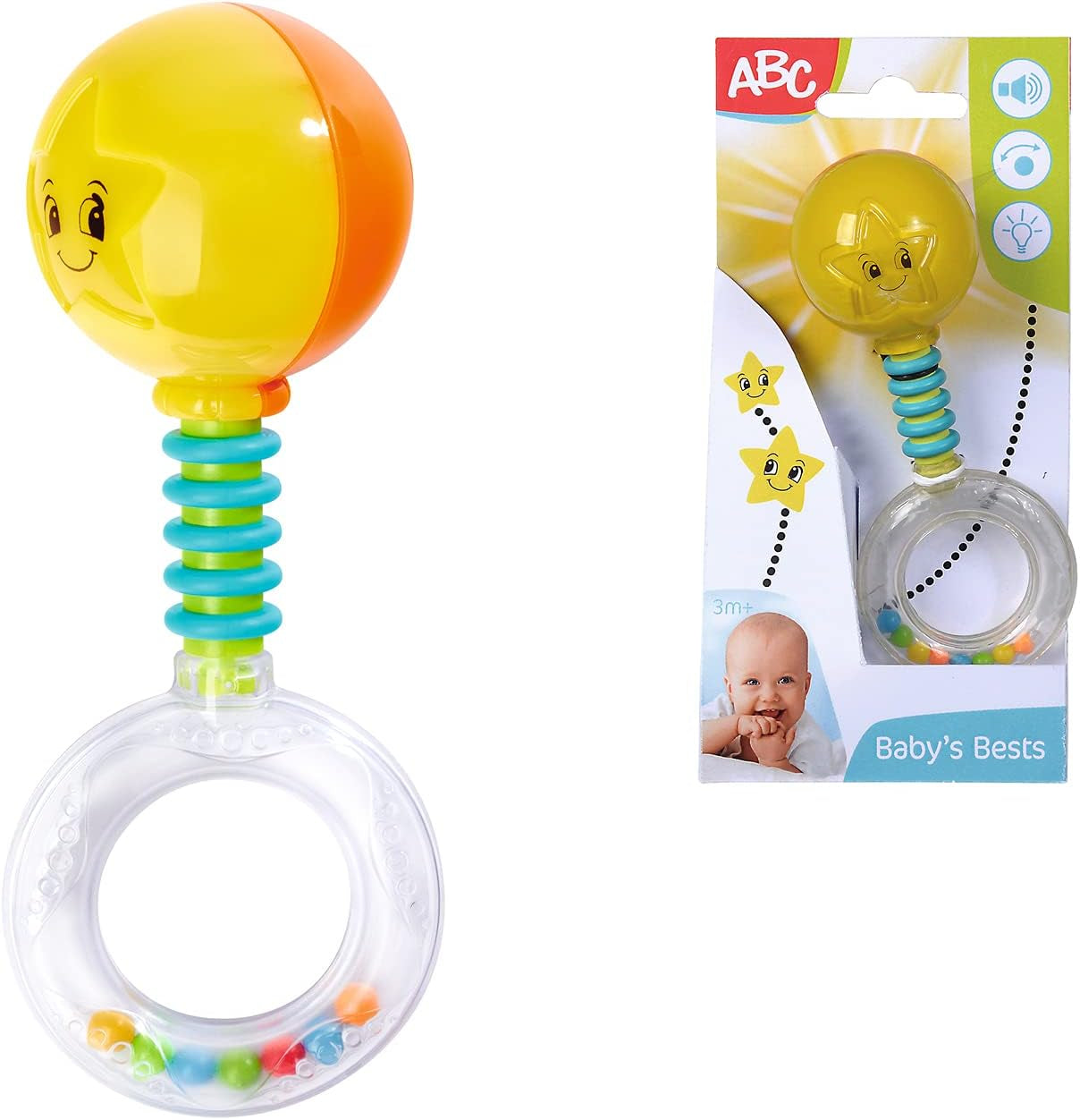 Simba 104010060 - Sonaglio ABC illuminato, si illumina quando agitato, 14 cm, giocattolo per neonati, sonaglio per neonati, prima dotazione, da 3 mesi, giallo Jucarii Bebe Naty Shop