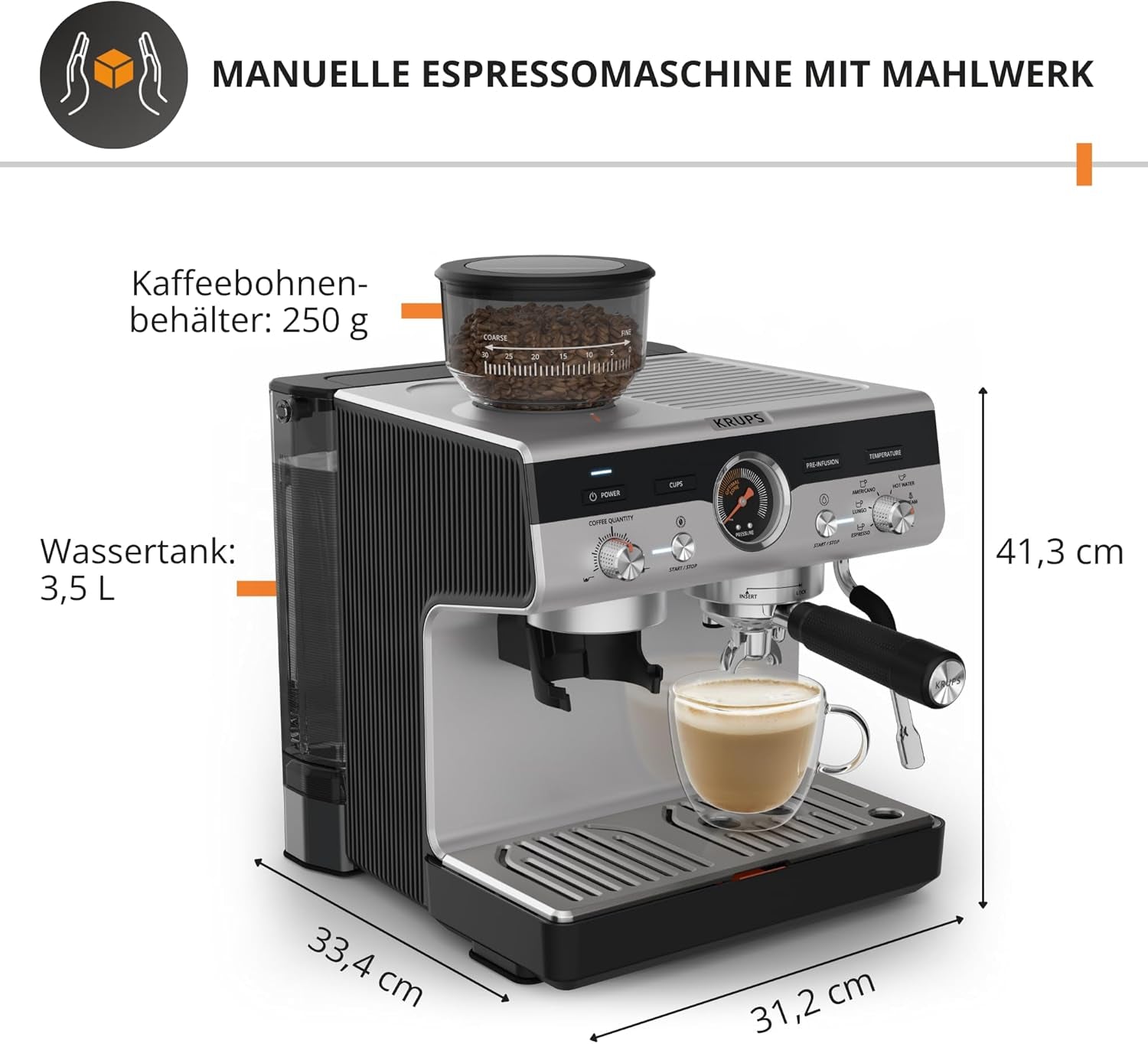 Macchina per caffè espresso manuale Krups Precision con portafiltro e macinacaffè, macchina per caffè barista con pannello di controllo intuitivo, impostazioni di pre-infusione, macchina per caffè espresso con ugello vapore, riscaldamento rapido, XP801T10