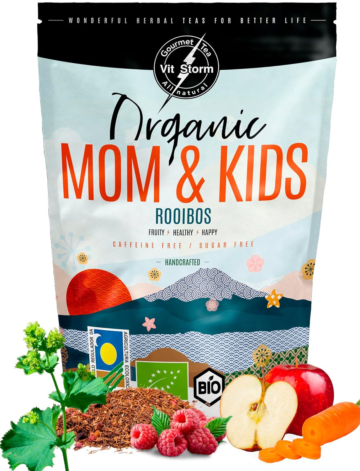 VITSTORM® BIO TEE Mom & Kids - Tisane per donne e allattamento - Rooibos, mela, finocchio, melissa, alchemilla, fragola - Tisane rilassanti - Fruttato e delizioso - Senza caffeina - Tisana 100 g