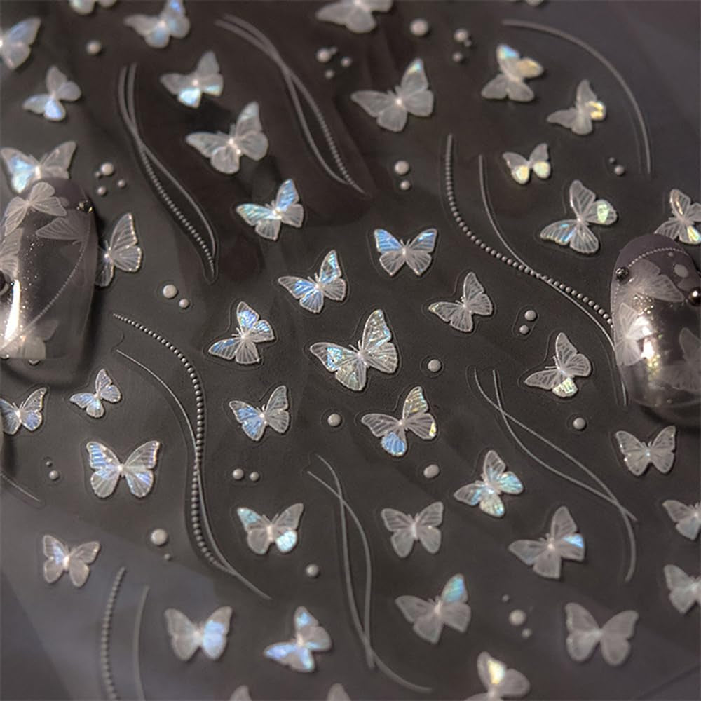 2 Blätter Schmetterling Nagelsticker Selbstklebend,Muschel Glitzer Nail Art Farfalla Adesivo per unghie Lila Grau Schmetterlinge Nagelaufkleber Relief Laser Farfalle Nagel Sticker Nageldesign Zubehör