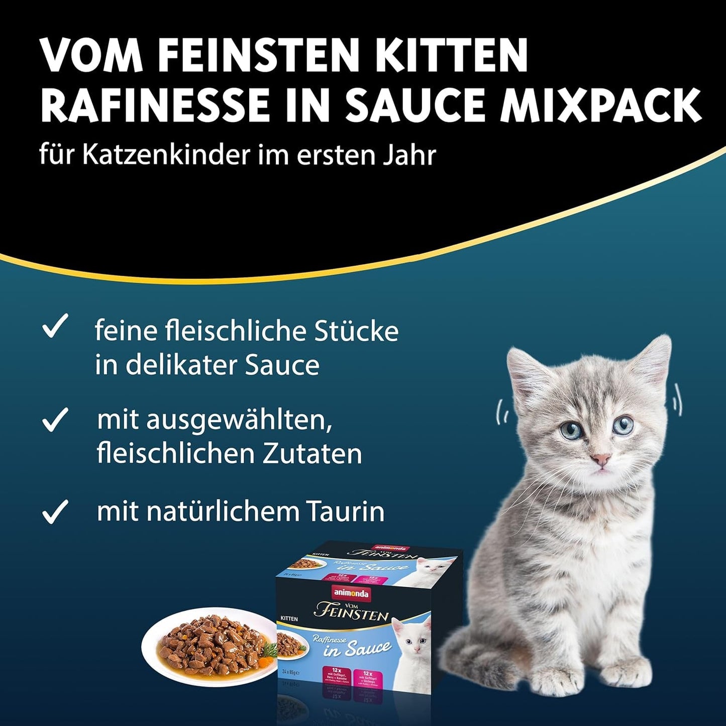 animonda vom Feinsten Premium Kitten Cibo umido per gatti, Aromi raffinati in salsa, 24 bustine (24 x 85g), Cibo umido di alta qualità per gatti, senza zucchero, Miscela mista
