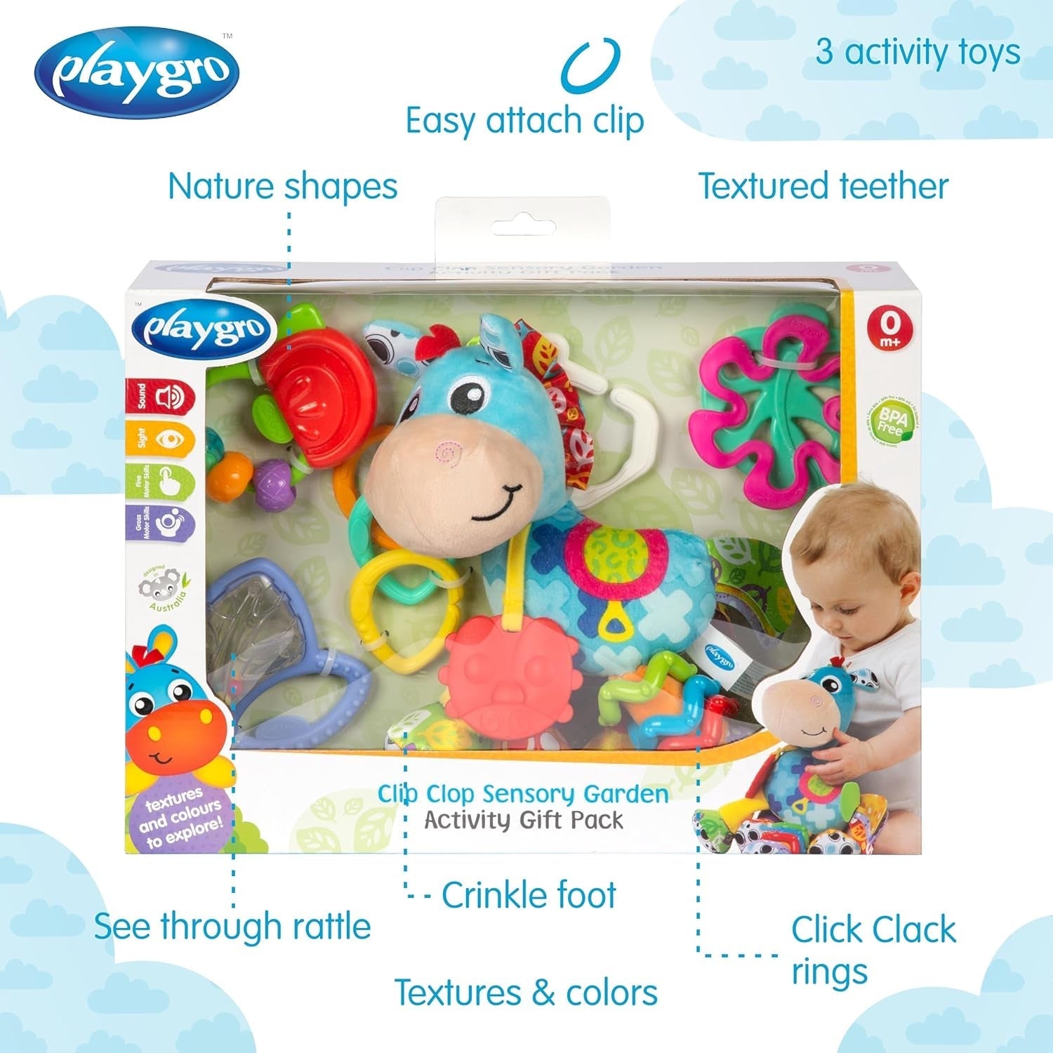Playgro Clip Clop Confezione Regalo Attività Sensoriali da Giardino - Giocattolo da Giardino Sensoriale per Bambini da 0 Mesi - Giocattolo Interattivo con Sonagli, Massaggiagengive e Amico del Passeggino - 4 Pezzi