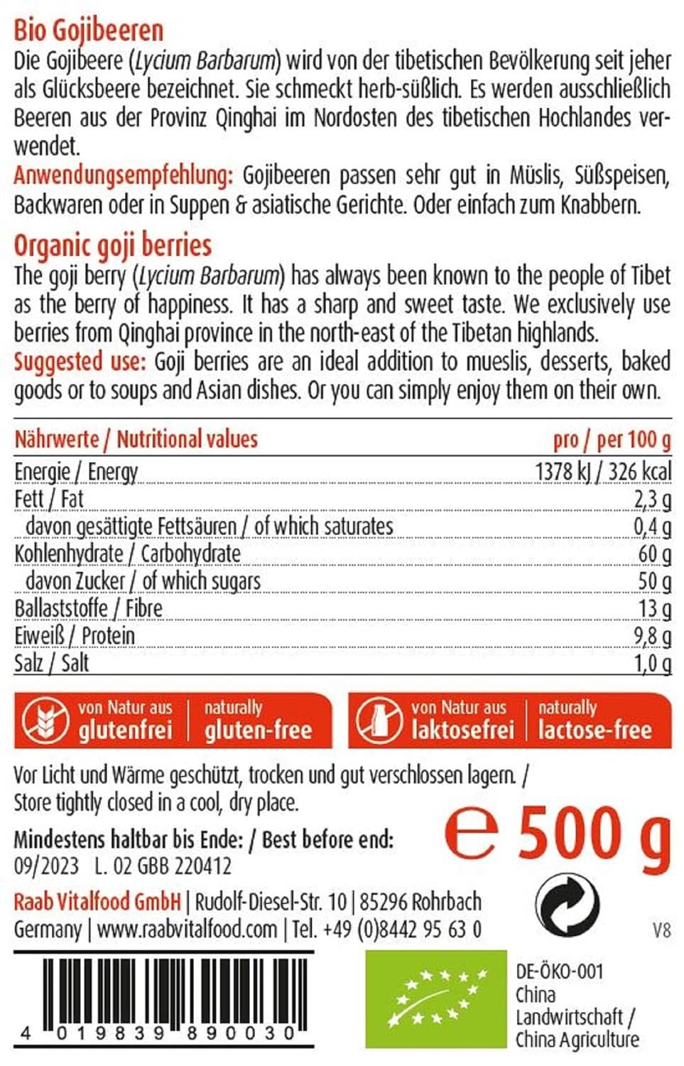 Bacche di Goji biologiche Raab Vitalfood, qualità premium, 500 grammi di prodotti disidratati Naty Shop