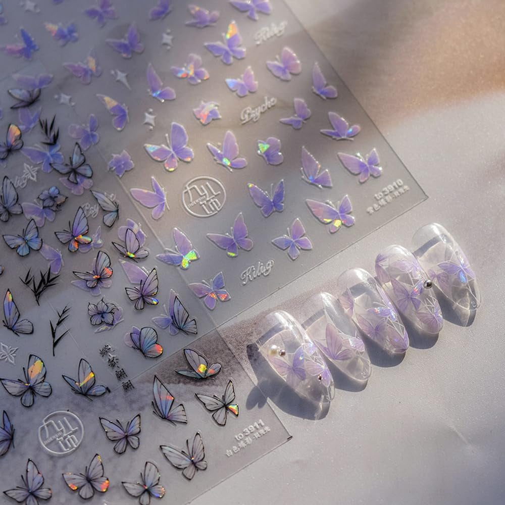 2 Blätter Schmetterling Nagelsticker Selbstklebend,Muschel Glitzer Nail Art Farfalla Adesivo per unghie Lila Grau Schmetterlinge Nagelaufkleber Relief Laser Farfalle Nagel Sticker Nageldesign Zubehör