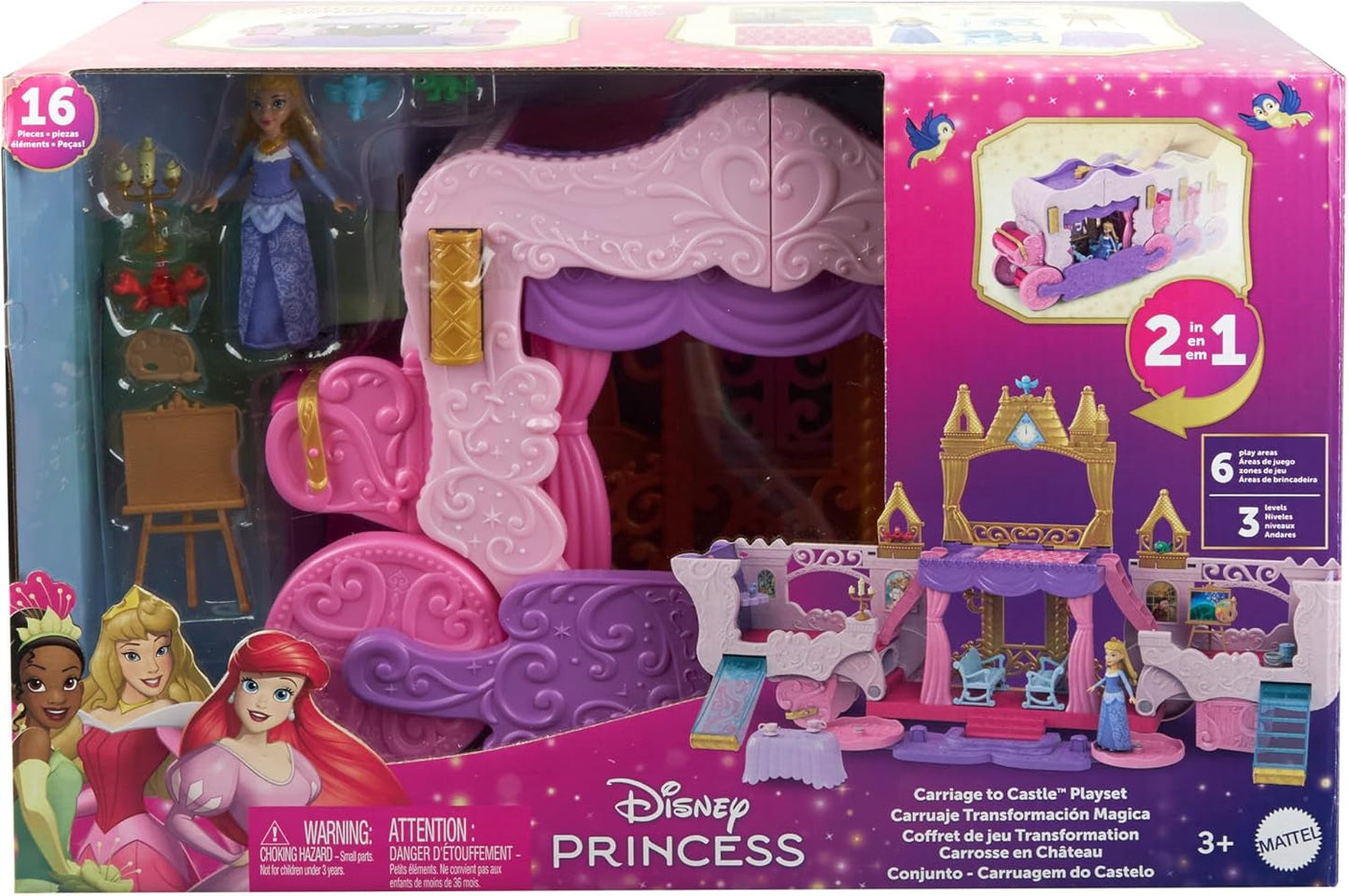 Mattel Disney Princess Playset trasformabile dalla carrozza al castello con la piccola bambola Aurora, 3 livelli, 6 aree gioco, 4 personaggi, mobili e accessori HWX17 Naty Shop Dolls