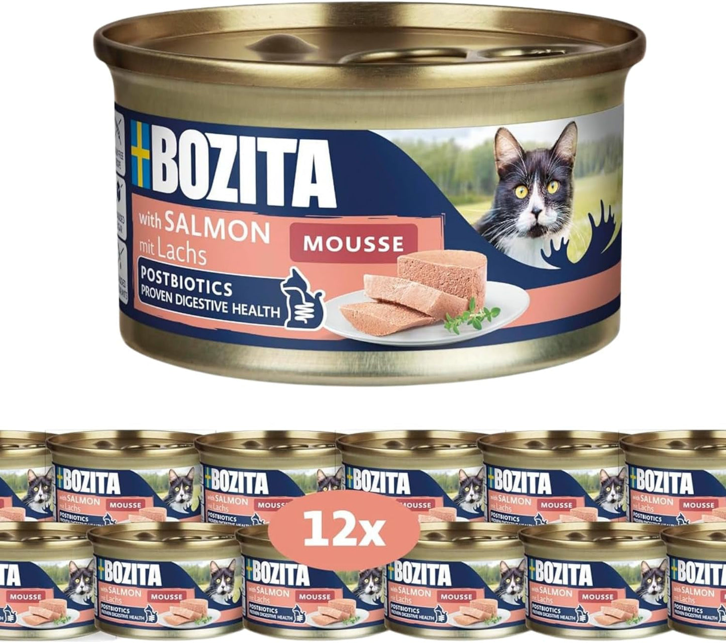 Bozita Mousse MSC Salmone - 12 x 85g cibo umido per gatti con una consistenza fine di mousse e salmone - ricetta senza cereali, senza zuccheri o coloranti aggiunti - con postbiotici per sostenere la flora intestinale