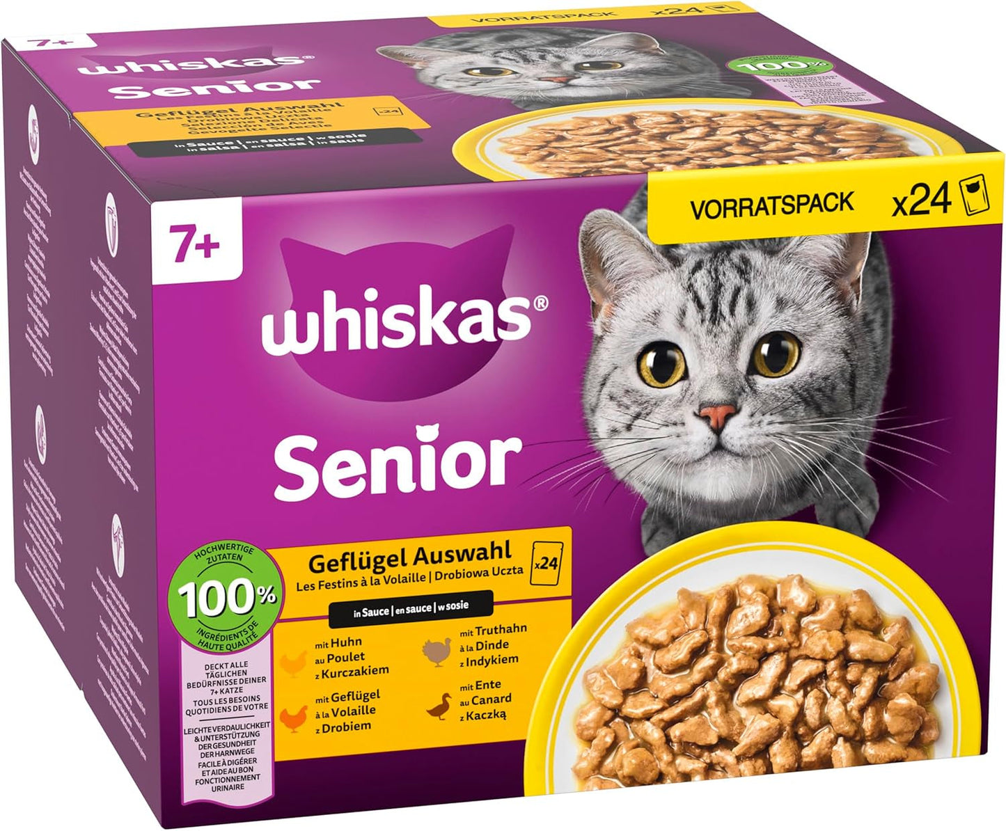 Whiskas 7+ Cibo umido per gatti Selezione di Pollame in Salsa 24 x 85 g (2 Confezioni) - Cibo umido di alta qualità a partire da 7 anni in 48 buste da porzione