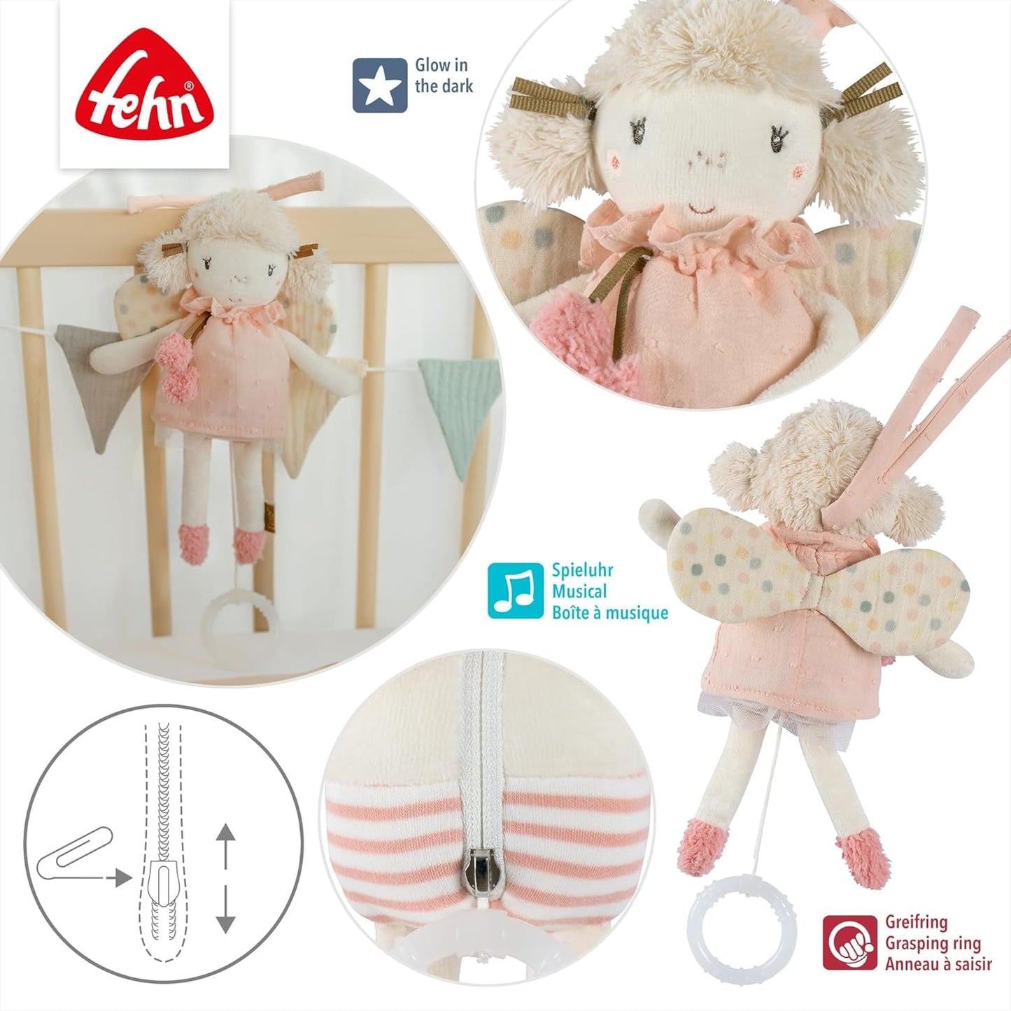 Mini carillon Fata Fehn - peluche e aiuto per dormire: il carillon a carica con la dolce melodia "Il lago dei cigni" calma in ogni situazione - per neonati e bambini a partire da 0 mesi Giocattoli Bebe Naty Shop