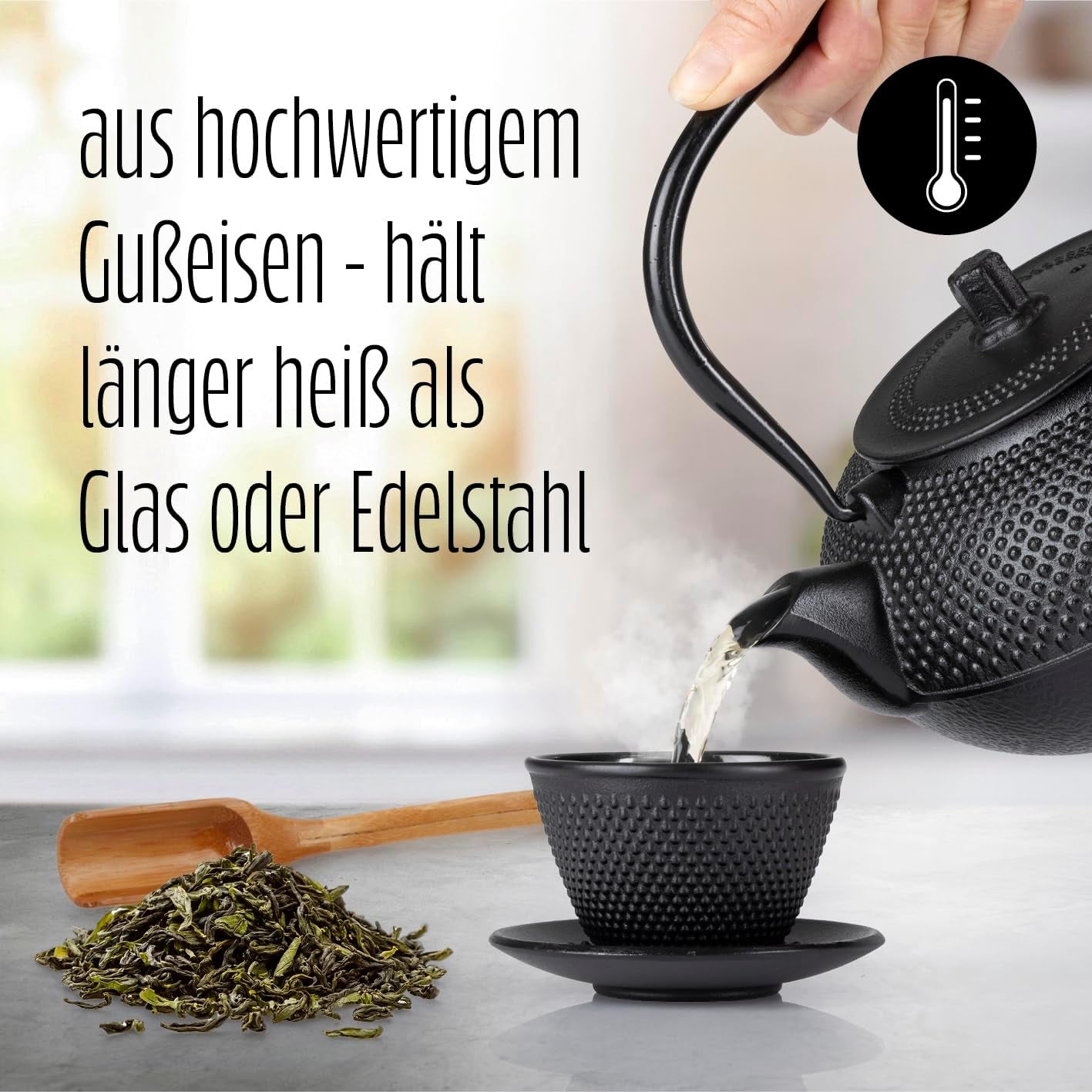 Set da tè Lumaland da 8 pezzi | Teiera in ghisa Tetsubin da 1,4 litri | Stufa in ghisa | 2 tazze da tè e 2 piattini | Set da tè giapponese comprensivo di misurino in bambù e infusore in acciaio inossidabile