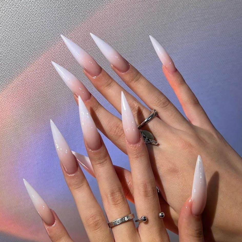 Moonglow Unghie Lunghe Stiletto Bianco Latte Rosa Sfumato Glitter Unghie Finte Fresche Con Colla Unghie Artificiali Glitter Rosa Ombre