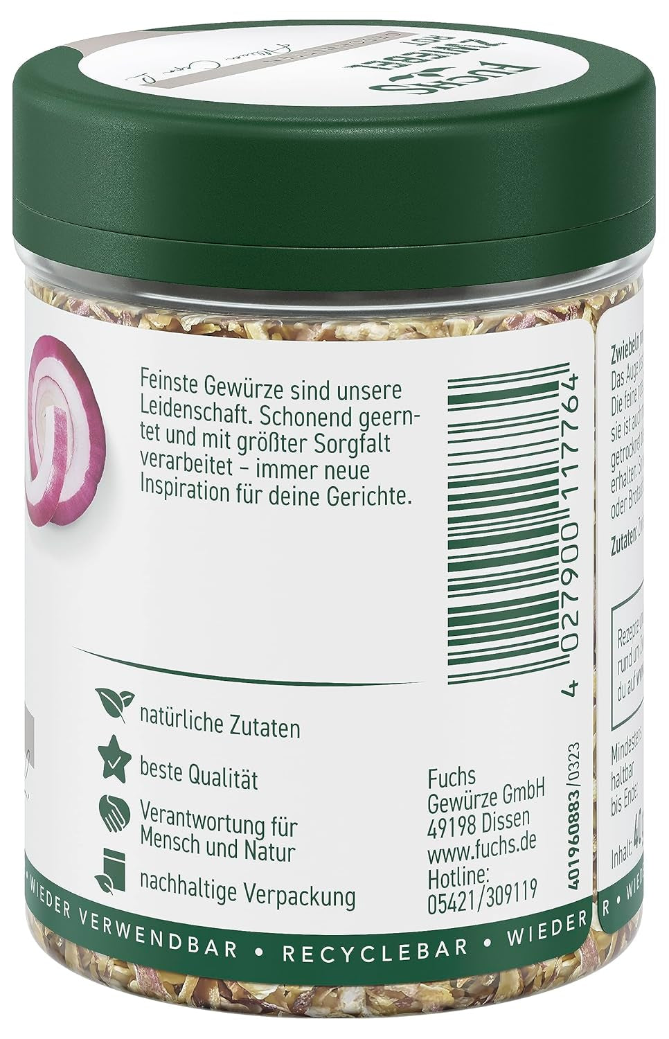 Fuchs Gewürze - Zwiebel rot geschnitten - Gewürz für Pürees, Salad oder Brotaufstriche - ingredienti naturali - 40 g in wiederverwendbarer, recyclebarer Dose