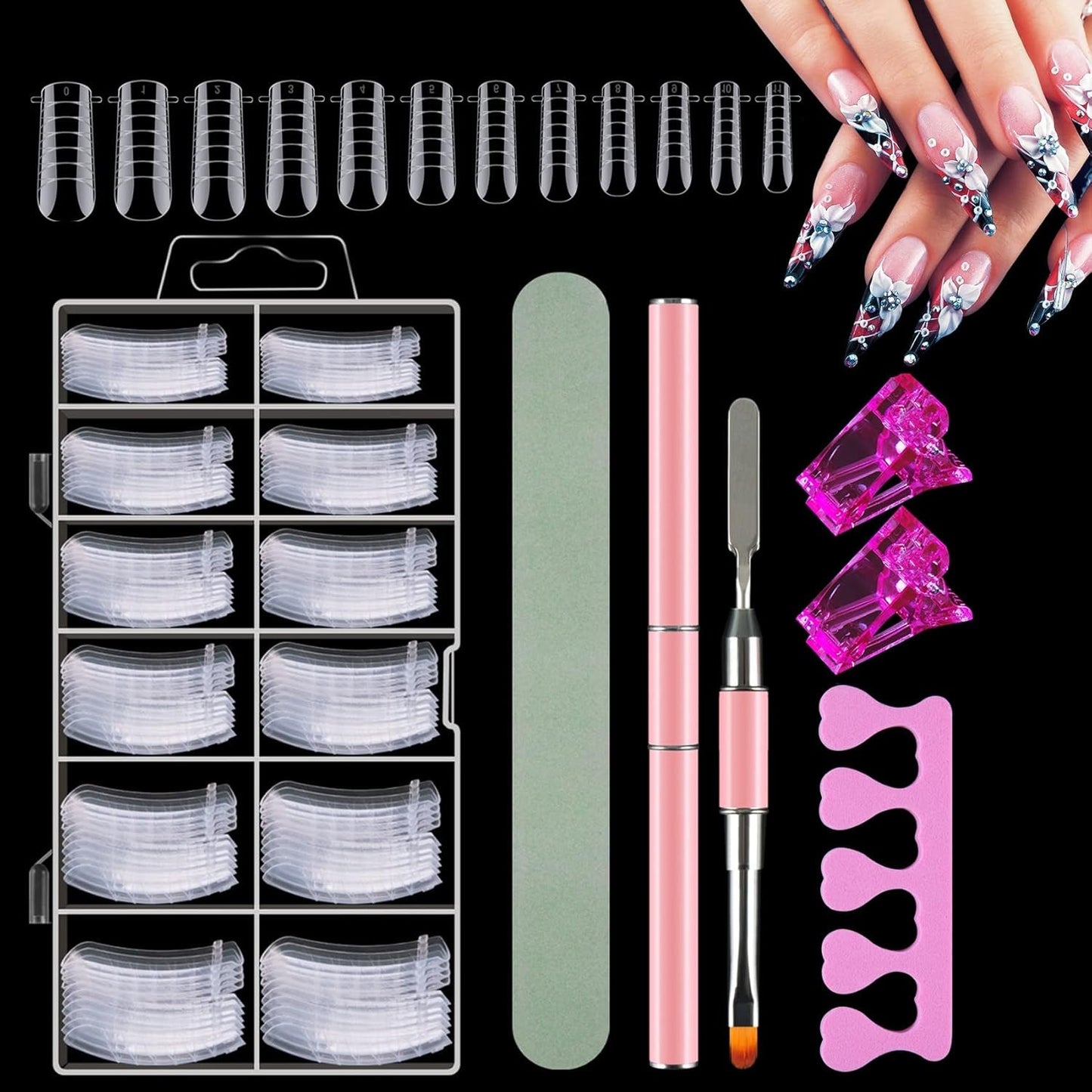 Set di 120 forme doppie per unghie, modelli per estensione unghie con pennello rosa a doppia punta, clip per punta delle unghie, separatore per dita in spugna e lima per unghie per unghie Polygel