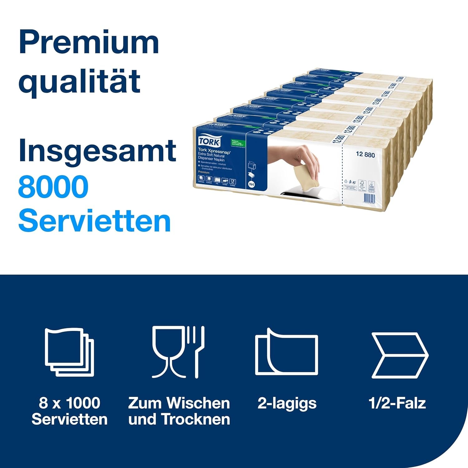 Tork Xpressnap Extra Soft Nature N4 Tovagliolo dispenser, Premium, 1/2 x 2 veli, 21,3 x 16,5 cm, 8 × 1.000 tovaglioli, 12880