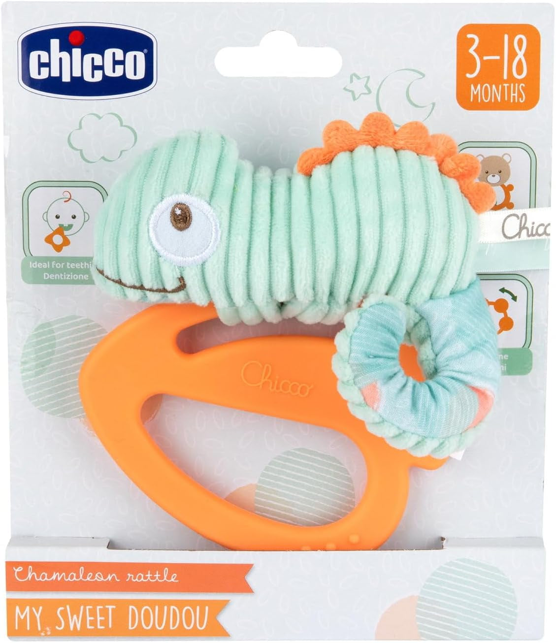 Chicco My Sweet Doudou Camaleonte Giocattolo in tessuto di alta qualità Anello in plastica morbida Giocattolo lenitivo per la dentizione 3-18 mesi Giocattoli per bambini Naty Shop