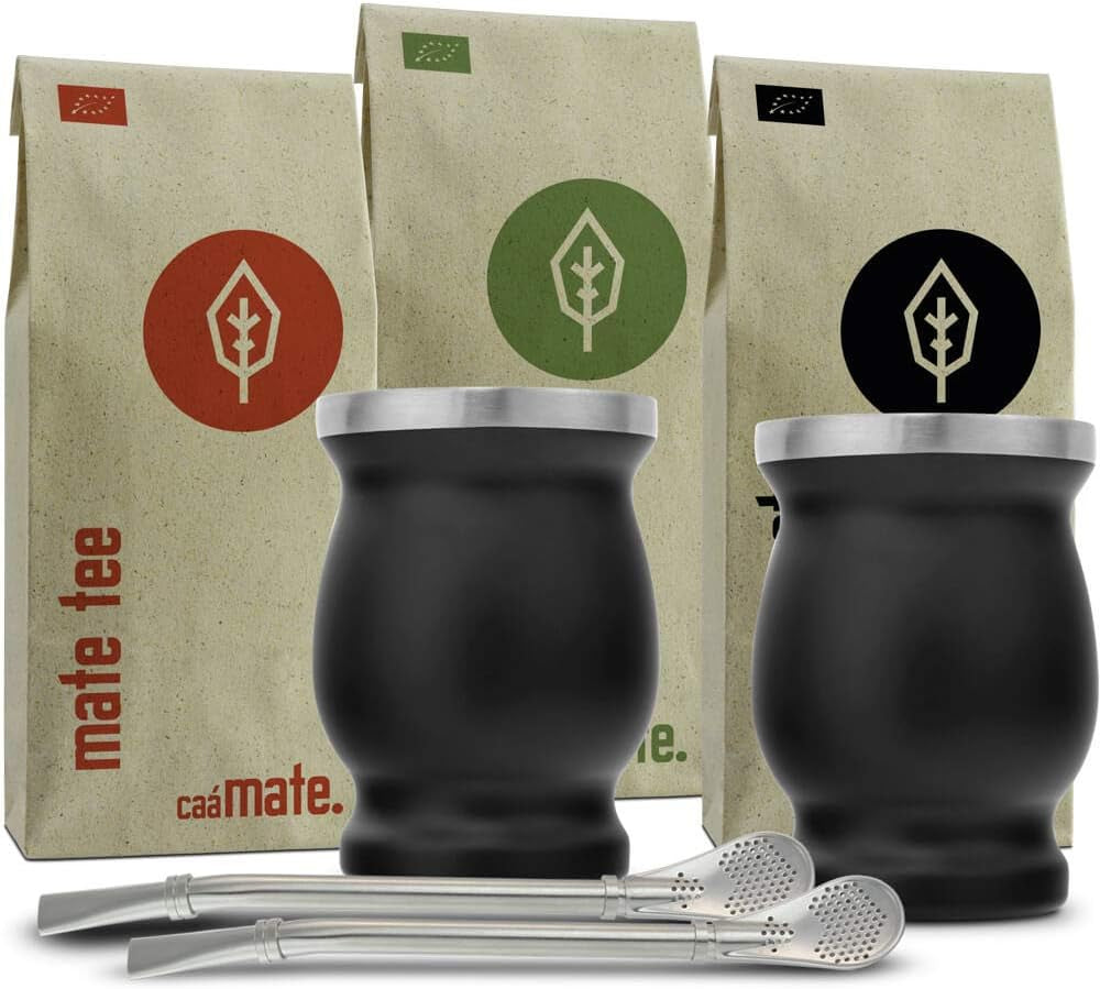 Set da tè Mate Bio ● 3 assortimenti Mate + 2 tazze Mate in acciaio inossidabile a doppia parete + 2 bombillas + istruzioni per la preparazione (nero)