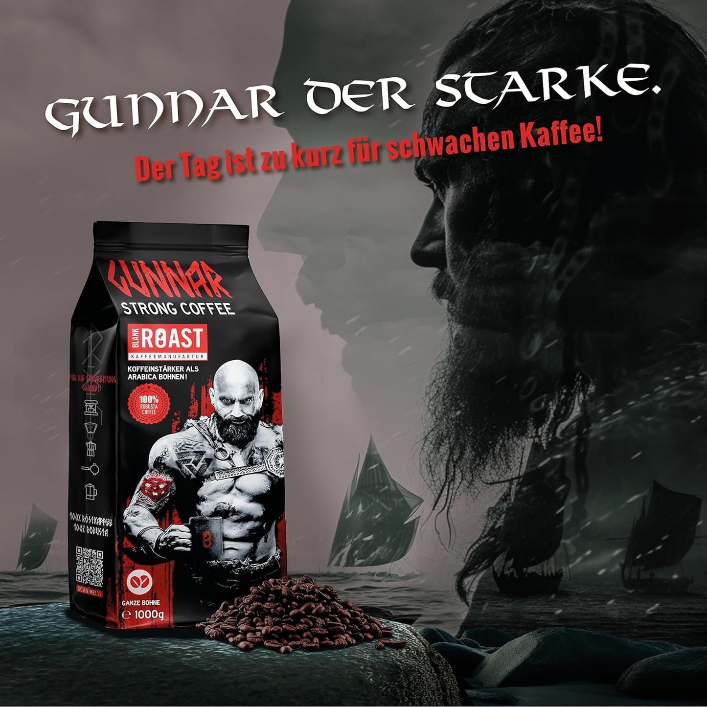 Arrosto Bianco - GUNNAR - 1kg - Whole Kaffee-Bohnen Extra Strong - Kräftige Robusta-Röstung - 494mg Kaffein je Tasse - Würzig & Kraftvoll mit Noten von dunkler Schokolade - Säurearm
