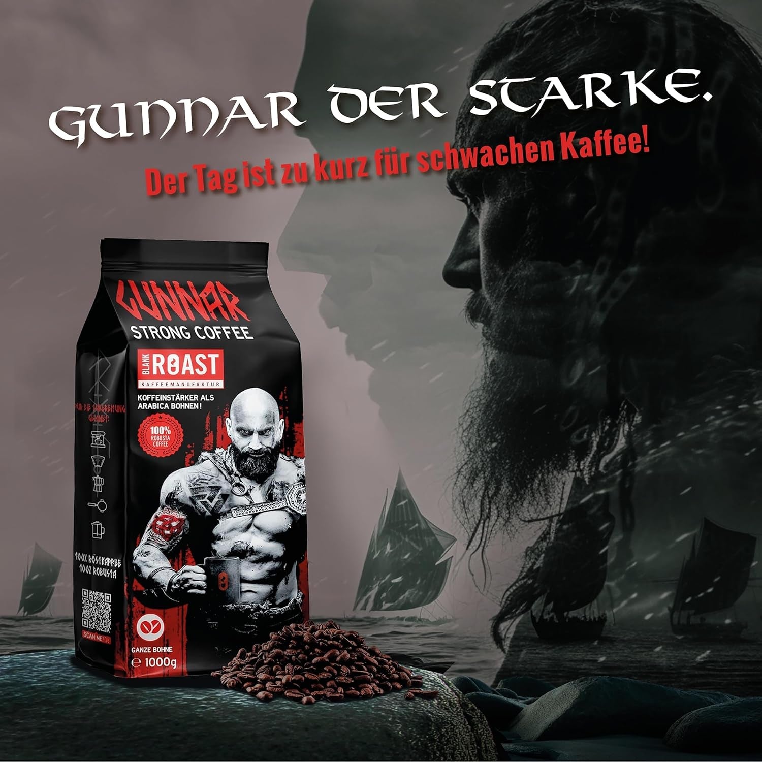 Arrosto Bianco - GUNNAR - 1kg - Whole Kaffee-Bohnen Extra Strong - Kräftige Robusta-Röstung - 494mg Kaffein je Tasse - Würzig & Kraftvoll mit Noten von dunkler Schokolade - Säurearm