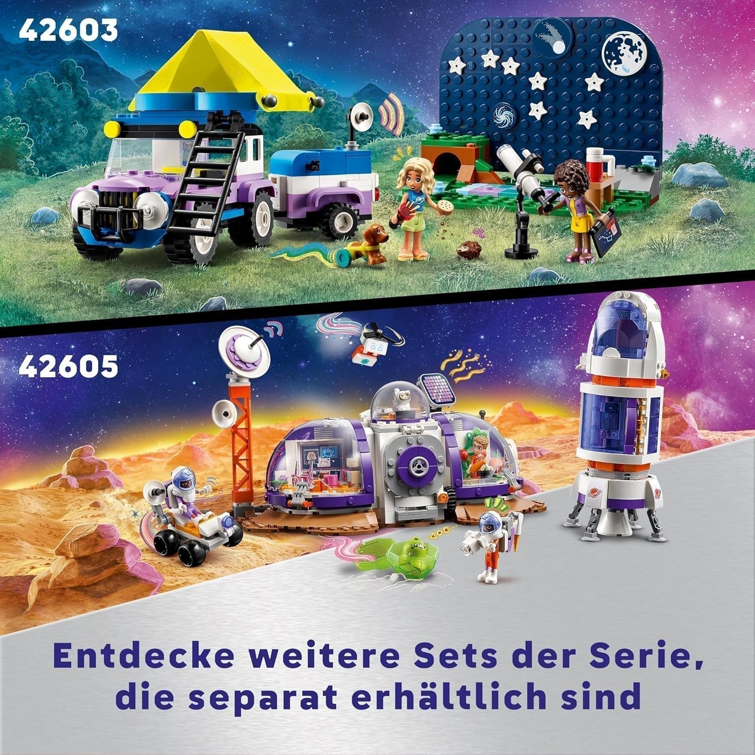 LEGO Friends Set veicolo da campeggio Stargazer con veicolo terrestre e telescopio giocattolo, regalo per ragazze e ragazzi a partire da 7 anni, include i personaggi di gioco Nova, Aliya e un cane 42603 Set di costruzione Besuche den LEGO-Store