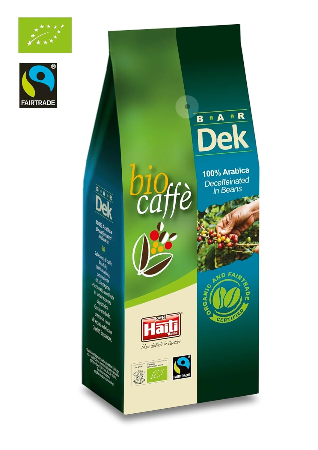Caffè Haiti Roma caffè decaffeinato biologico in grani, 100% Arabica, certificato Fairtrade, qualità biologica, confezione da 2 x 500g