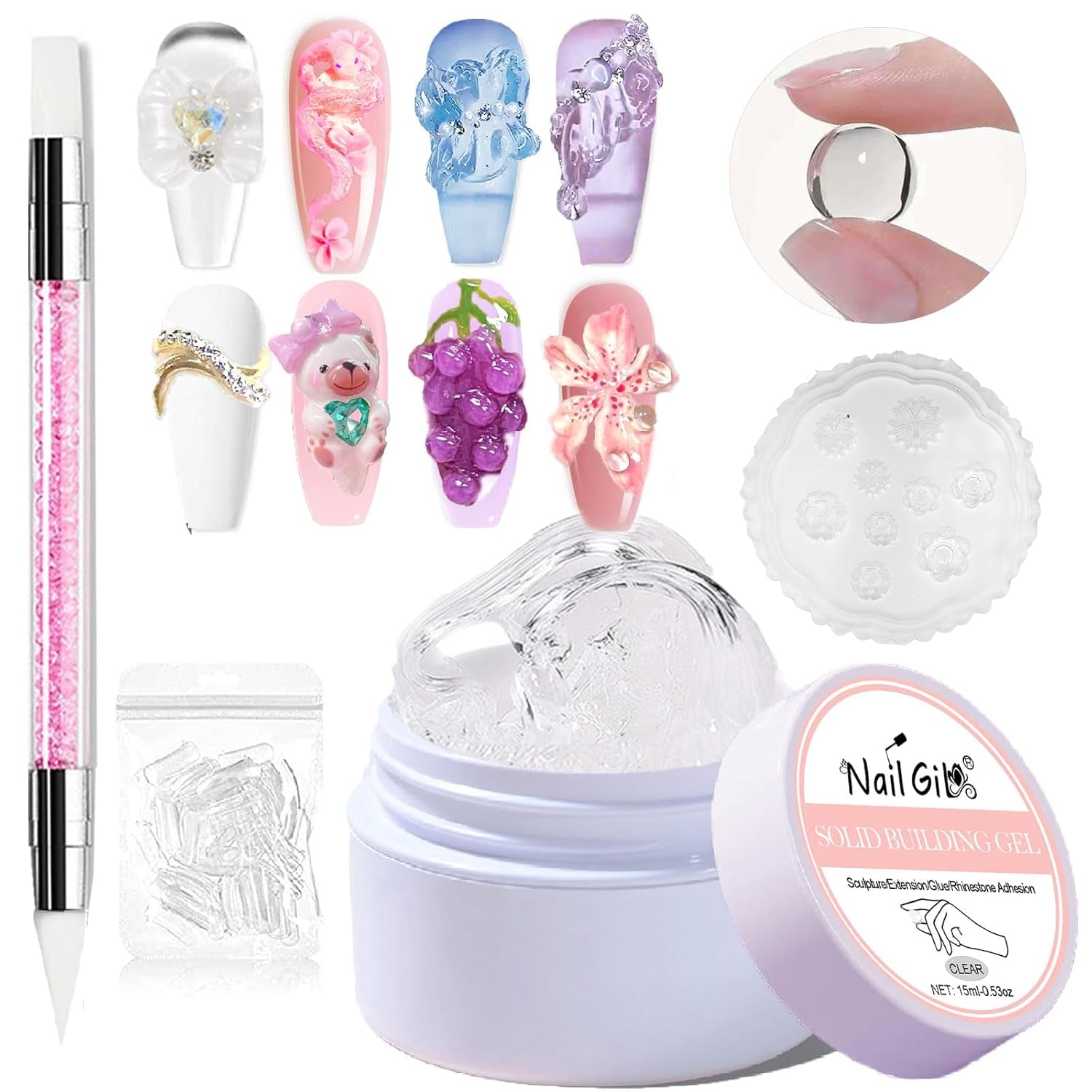NAILGIL Smalto per unghie gel solido, Colla per unghie gel solido, Scultura per nail art 3D con set di strumenti, Salone per la casa fai-da-te, Trasparente 15G