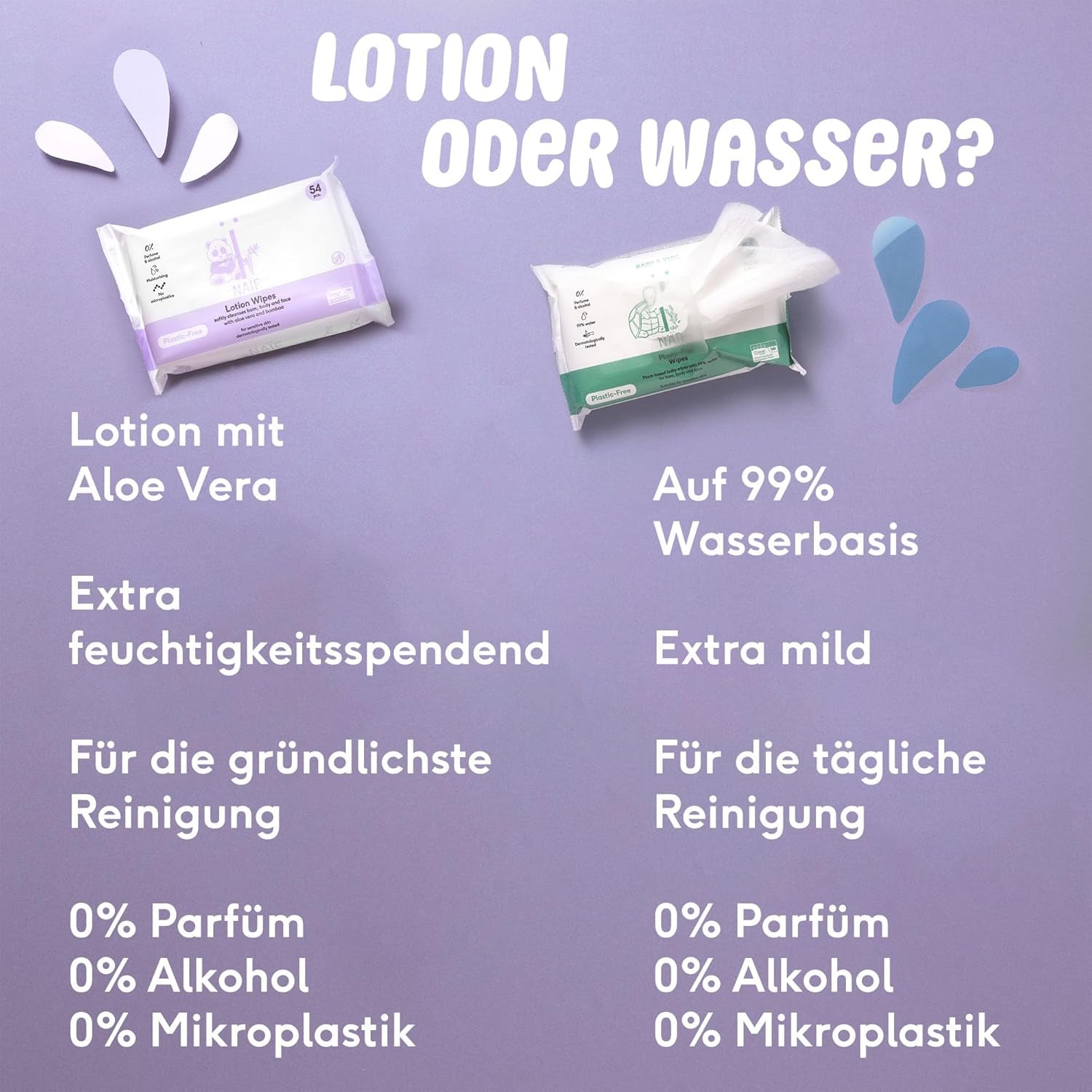 Naïf - Salviette umidificate senza plastica - 162 pezzi (3 confezioni da 54 salviette ciascuna) - Cura il sedere, il corpo e il viso del bambino - 99% acqua - 0% profumo e alcool