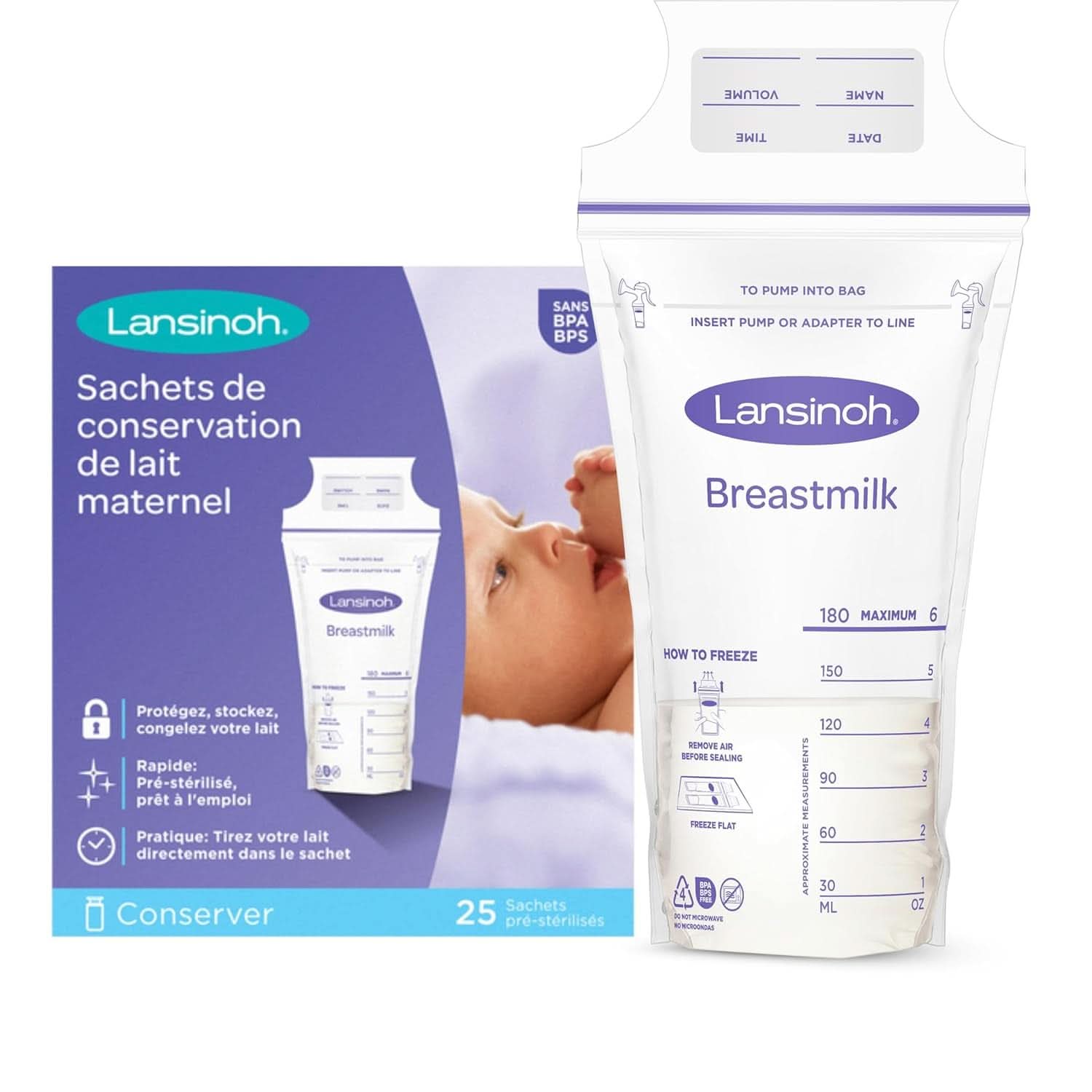 Sacchetti per la conservazione del latte materno Lansinoh, 25 pezzi Accessori per Alimentazione e Allattamento Bebe Naty Shop