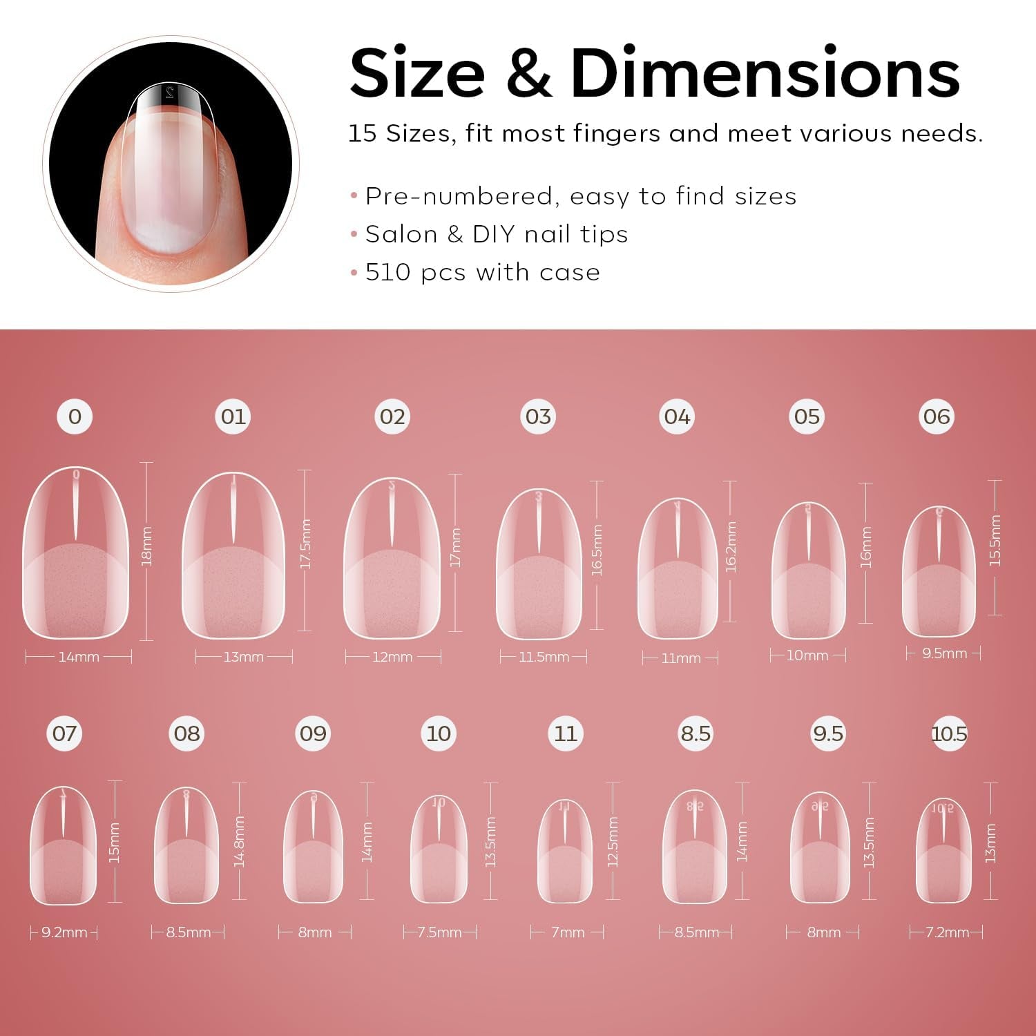 Modelones Nail Tips 510 pezzi - Set di punte per unghie a copertura totale, Set di punte in gel, Punte per unghie in resina PMMA pre-lucidante, Unghie artificiali per colla su nail art fai da te, Squoval corto