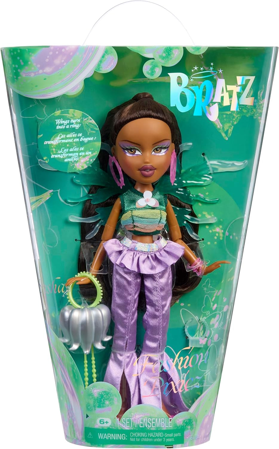 Bratz Fashion Pixiez Sasha Doll - Fantastica bambola da collezione con vera moda e accessori, ali che si trasformano in un anello