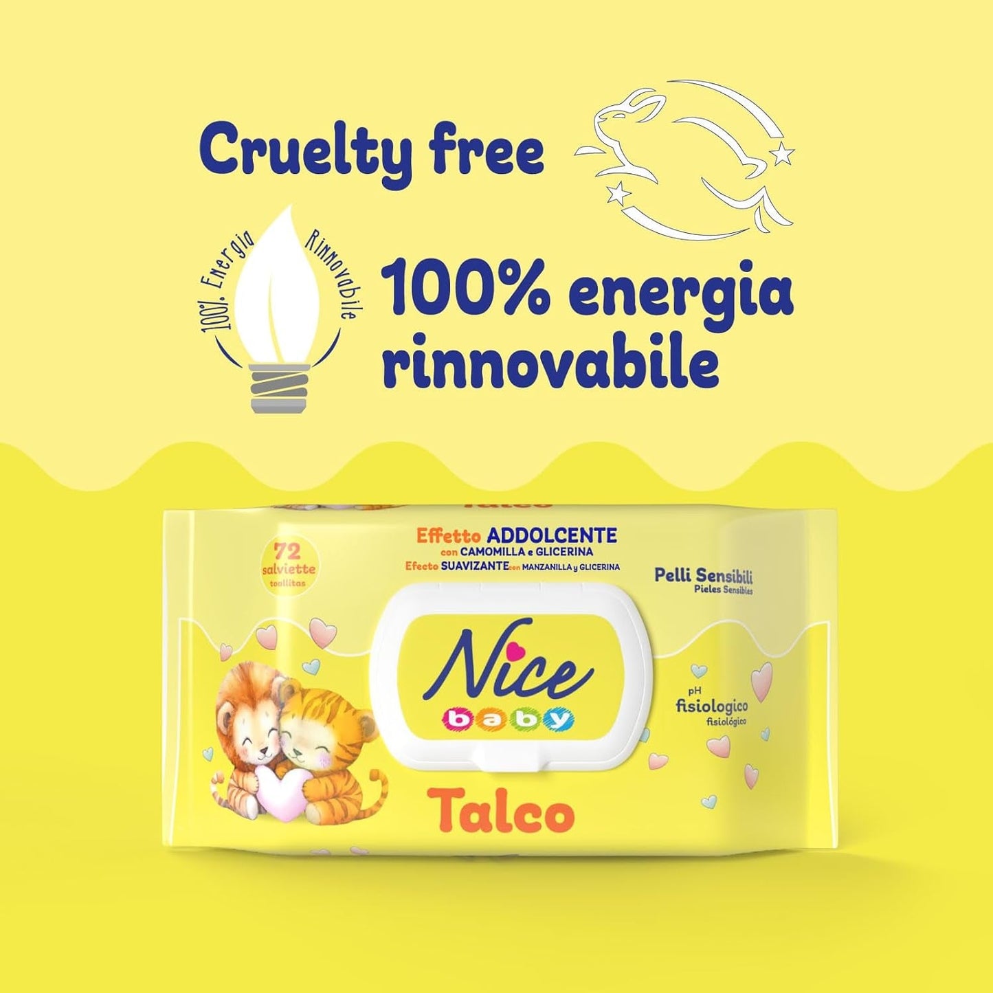 NICE Salviette umidificate per neonati 72 pezzi Con coperchio Talco Profumo Materiali naturali Pulizia delicata Bambino 1pz