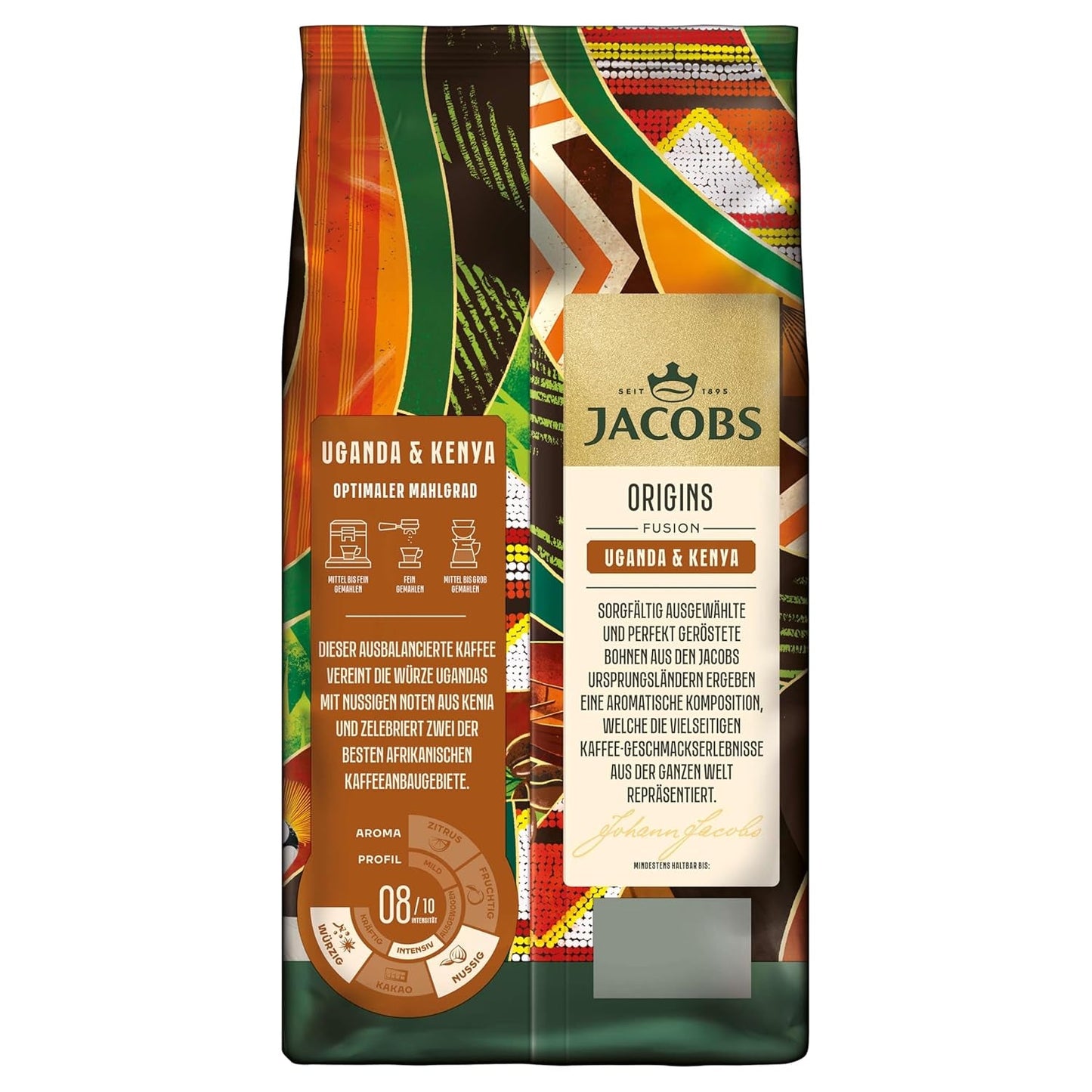 Jacobs Origins Caffè in grani Uganda e Kenya, espresso corposo con una nota speziata, forza 8/10, caffè in grani interi, 1 kg