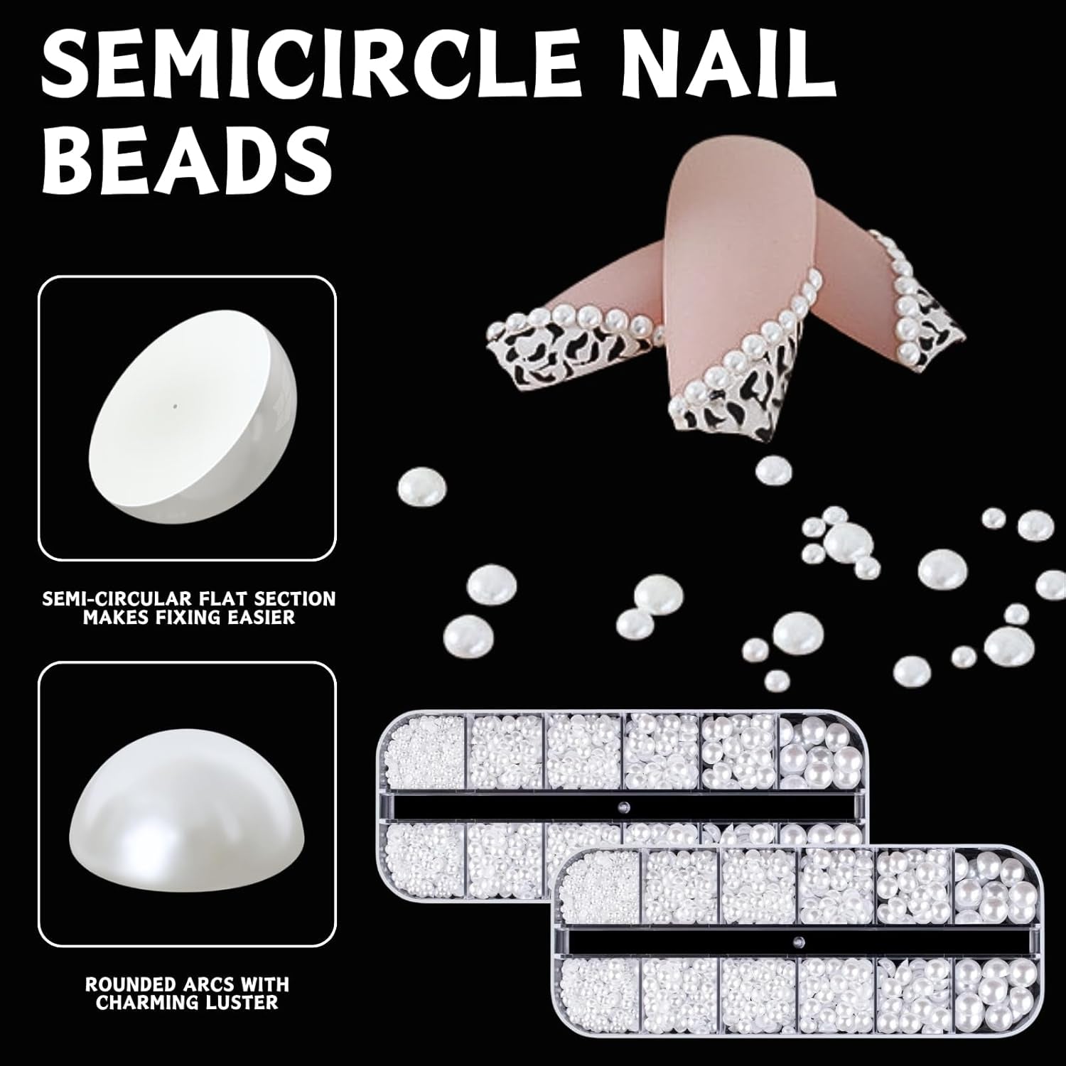 12 Größen Nail Art Perlen, Flache Perlen, Nail Art Accessori, Halbkreis Nagelperlen, Weiße Nail Charms Und Glitzersteine ​​​​Nägel Für Nail Art Design, DIY Basteln, Alltag, Hochzeit (2 Boxes)