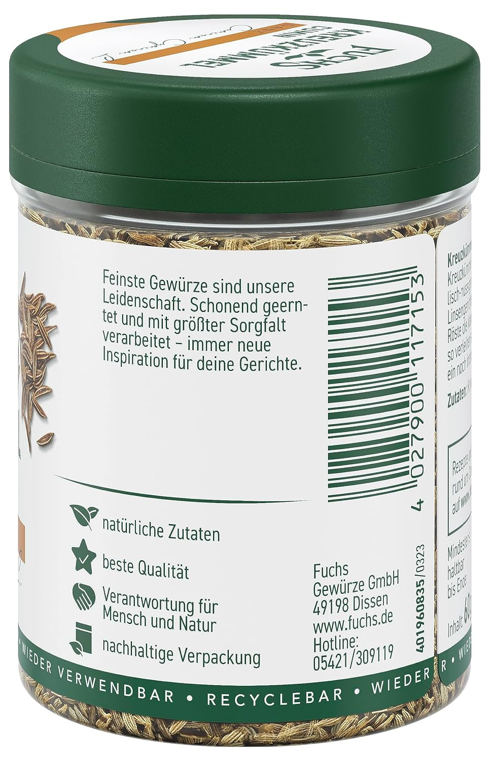Fuchs Gewürze - Kreuzkümmel ganz - orientalisch-nussige Note für Falafel und Linsengerichte - ingredienti naturali - 60 g in wiederverwendbarer, recyclebarer Dose