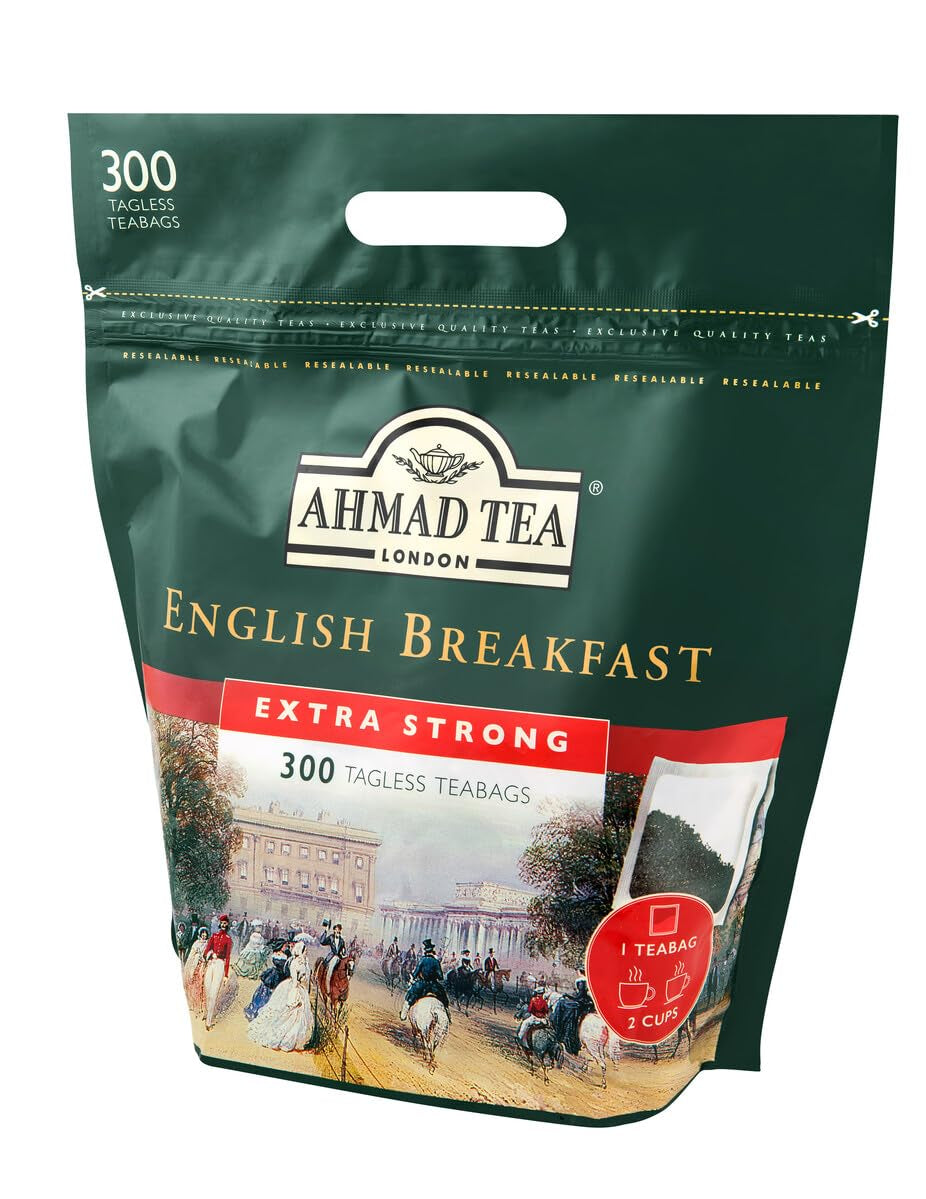 Tè Ahmad - Colazione inglese - Tè nero da colazione - Tè Assam e Ceylon - Bustine di tè inglesi senza fascia con 2 g di tè per porzione - Confezione grande da 300 bustine di tè (confezione da 2)