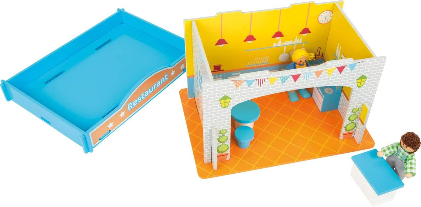 Small Foot 10852 Casetta da gioco Ristorante In legno, Con 2 bambole, accessori e tetto rimovibile, A partire da 3 anni Naty Shop Case delle bambole