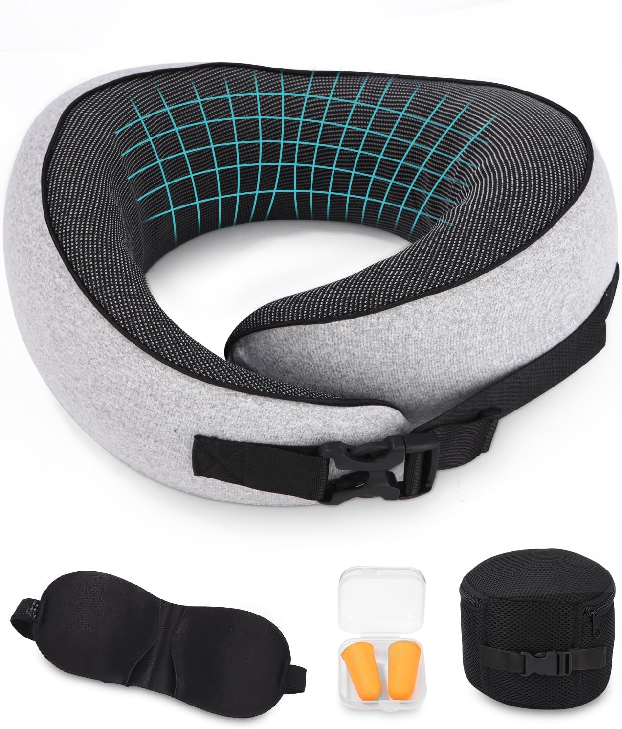 Cuscino per collo da aereo, Cuscino da viaggio in memory foam, Cuscino per collo per adulti, Cuscino da aereo regolabile e lavabile, Cuscino da viaggio ergonomico (Grigio) Cuscini ortopedici cervicali Naty Shop Grigio
