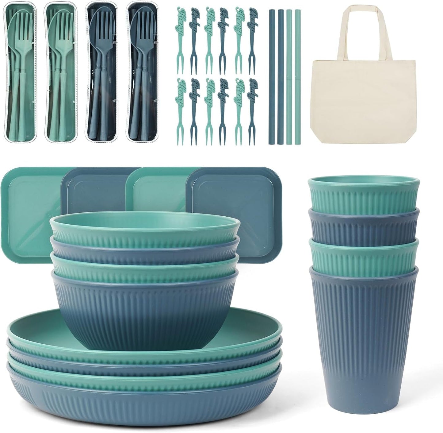 Set di stoviglie da campeggio per 4 persone da 53 pezzi, stoviglie da campeggio indistruttibili per 4 persone, set di stoviglie in plastica leggera con borsa per il trasporto, piatti e ciotole impilabili, stoviglie da picnic da giardino per barbecue