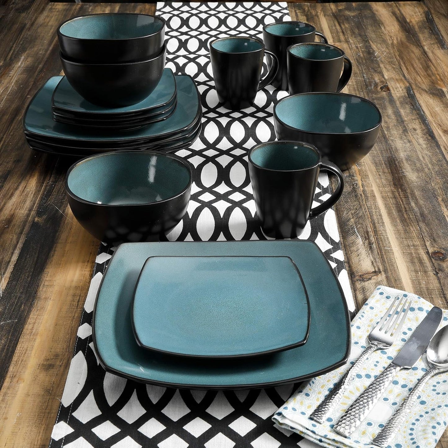 Gibson 99813.16R Elite Soho Lounge Reactive Glaze Set di stoviglie per 4 persone, 16 pezzi, effetto bicolore blu-verde/nero