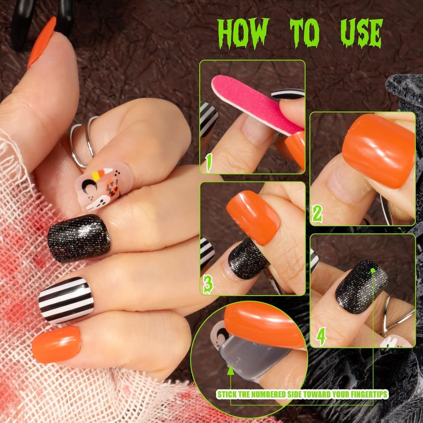72 pezzi Unghie di Halloween Unghie finte autoadesive Unghie artificiali corte Unghie pressate autoadesive Zucca Fantasma Unghie artificiali Suggerimenti Nail Art Arancione Verde Nero