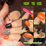72 pezzi Unghie di Halloween Unghie finte autoadesive Unghie artificiali corte Unghie pressate autoadesive Zucca Fantasma Unghie artificiali Suggerimenti Nail Art Arancione Verde Nero