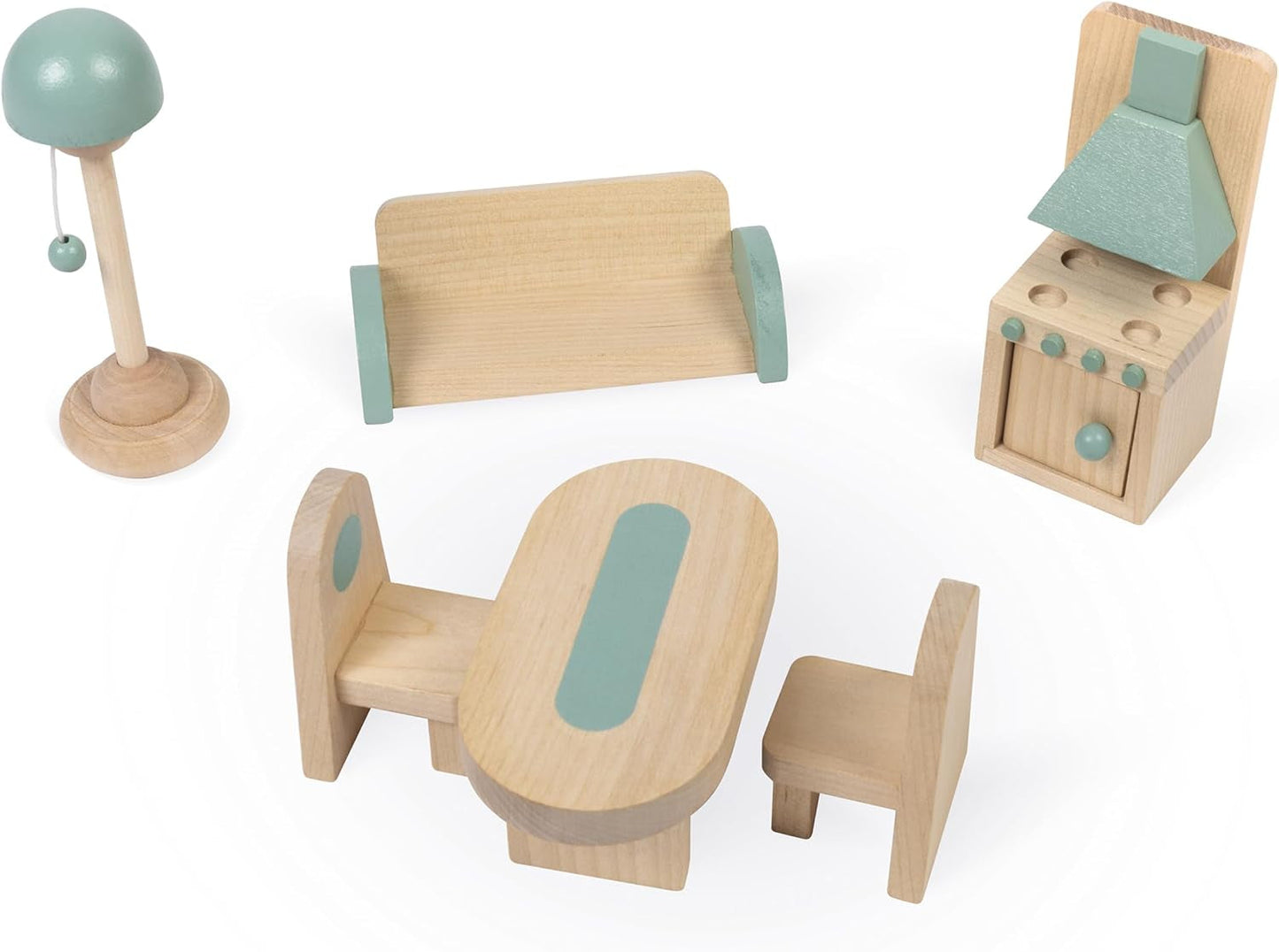 Janod - La mia prima casa delle bambole in legno - 10 accessori - Mobili per bambole - Porte magnetiche e tetto rimovibile - Giocattolo in legno certificato FSC - Dai 3 anni in su