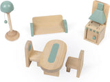 Janod - La mia prima casa delle bambole in legno - 10 accessori - Mobili per bambole - Porte magnetiche e tetto rimovibile - Giocattolo in legno certificato FSC - Dai 3 anni in su