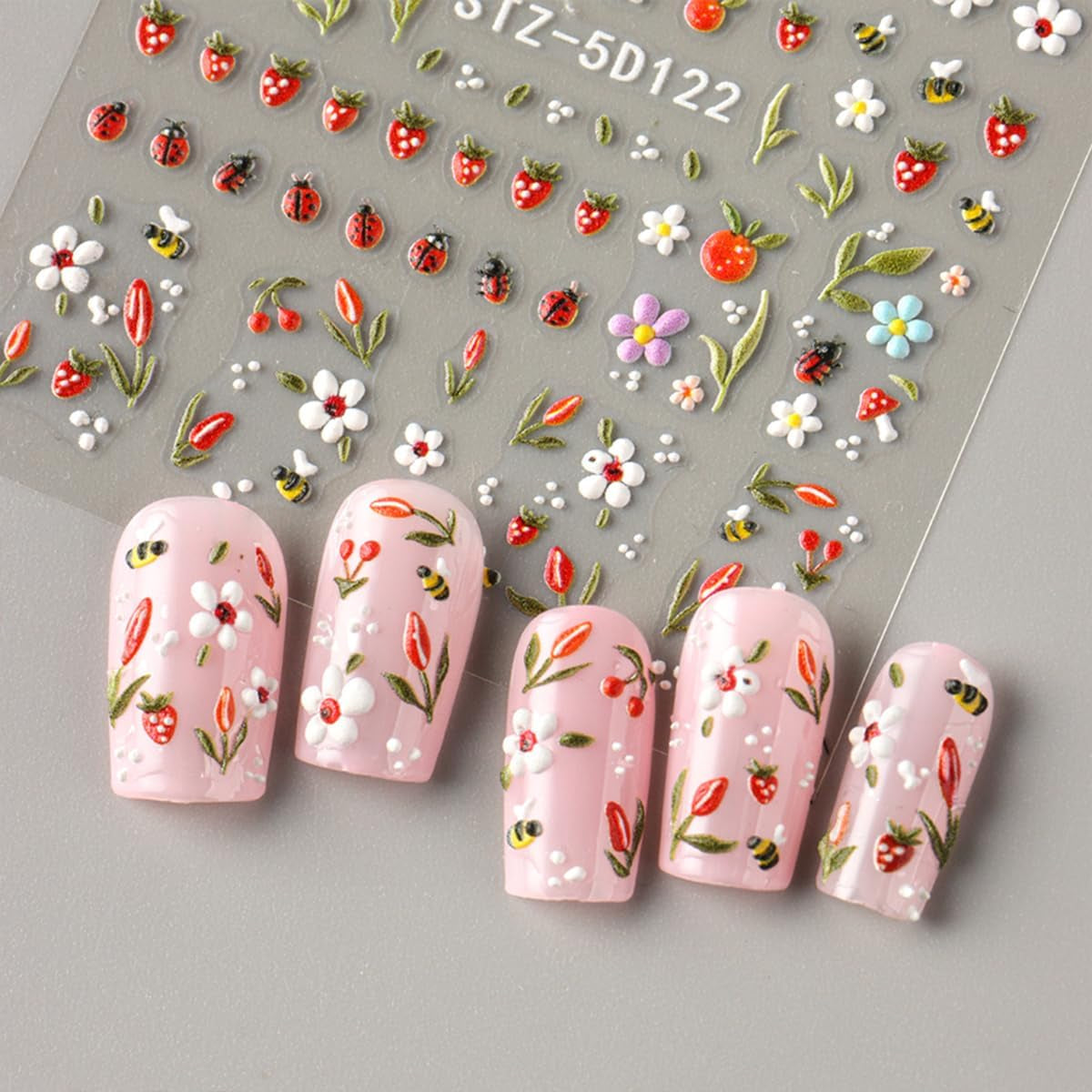 JMEOWIO 3D Nagelsticker Blumen Frucht Nail Art Sticker Selbstklebend Nagelaufkleber 5D Stereoscopico Decorazione Nageldesign Zubehör 4 Blatt