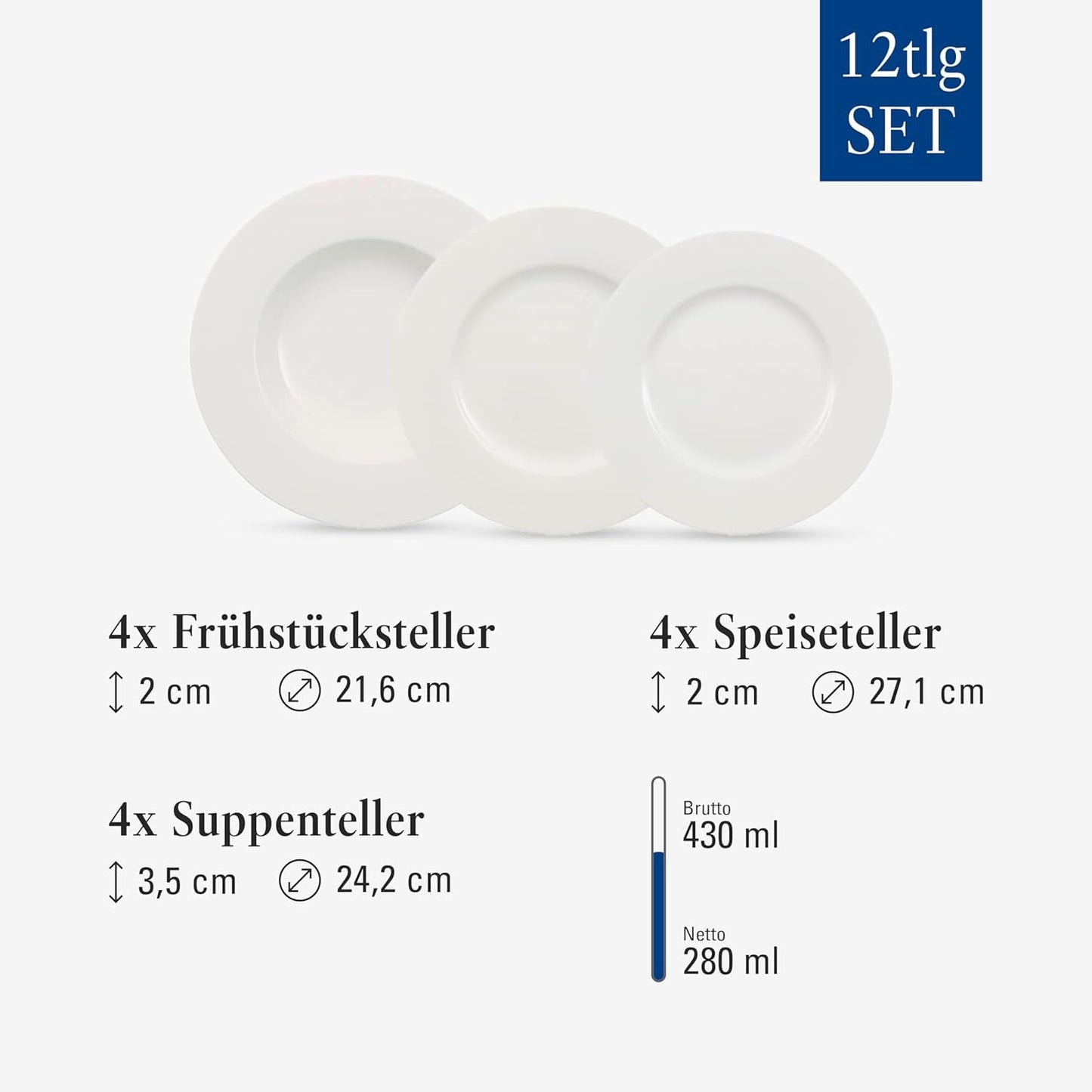 Villeroy & Boch Wonderful World Servizio Piatti 12 Pezzi, Lavabile in Lavastoviglie e Utilizzabile nel Microonde, Bianco, Piatti, Stoviglie, Porcellana, Piatti Piani, Set, Servizio Piatti Moderno, Porcellana Premium