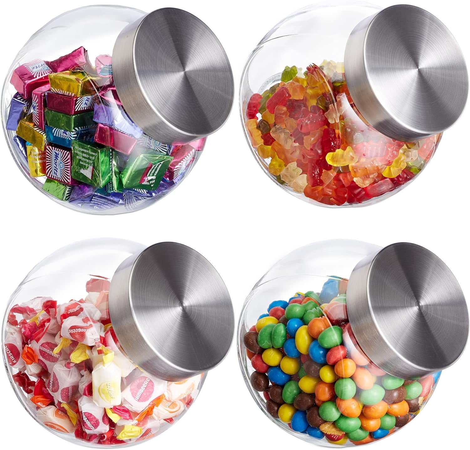 Relaxdays Set di 4 barattoli per caramelle, barattoli per alimenti dolci, barattoli per caramelle, coperchio in acciaio inox, trasparente, argento, Naty Shop, contenitori per alimenti, 4