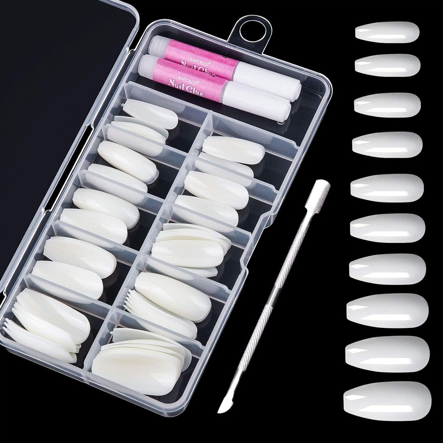 200 punte per unghie finte, 10 misure, unghie artificiali in acrilico con spingipelle e scatola trasparente per donne e ragazze (naturale e trasparente)