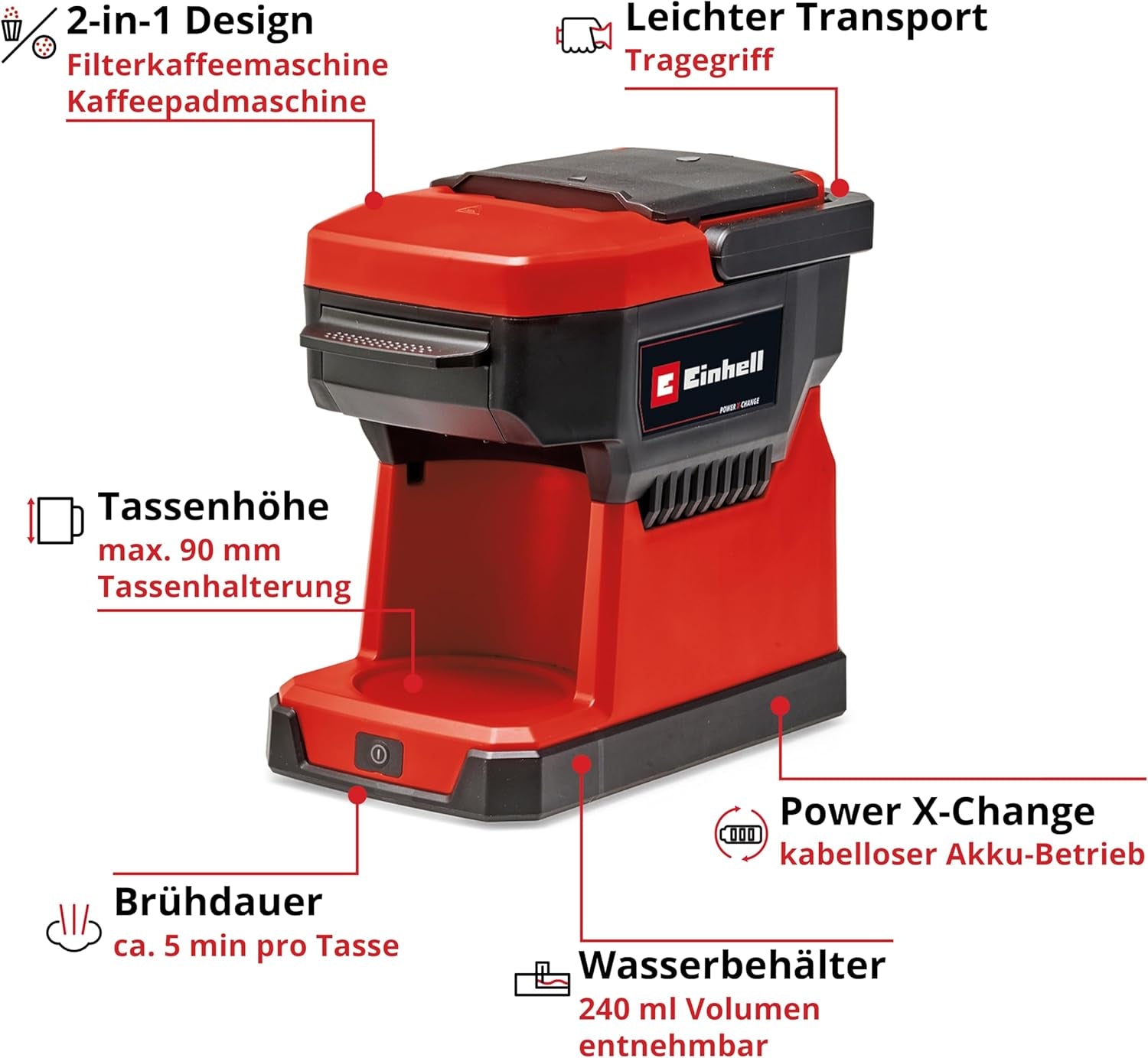 Macchina per caffè espresso a batteria Einhell TE-CF 18 Li-Solo Power X-Change (18 V, serbatoio dell'acqua da 240 ml, per caffè filtro e capsule di caffè, maniglia per il trasporto, inclusa tazza di caffè con coperchio, senza batteria)