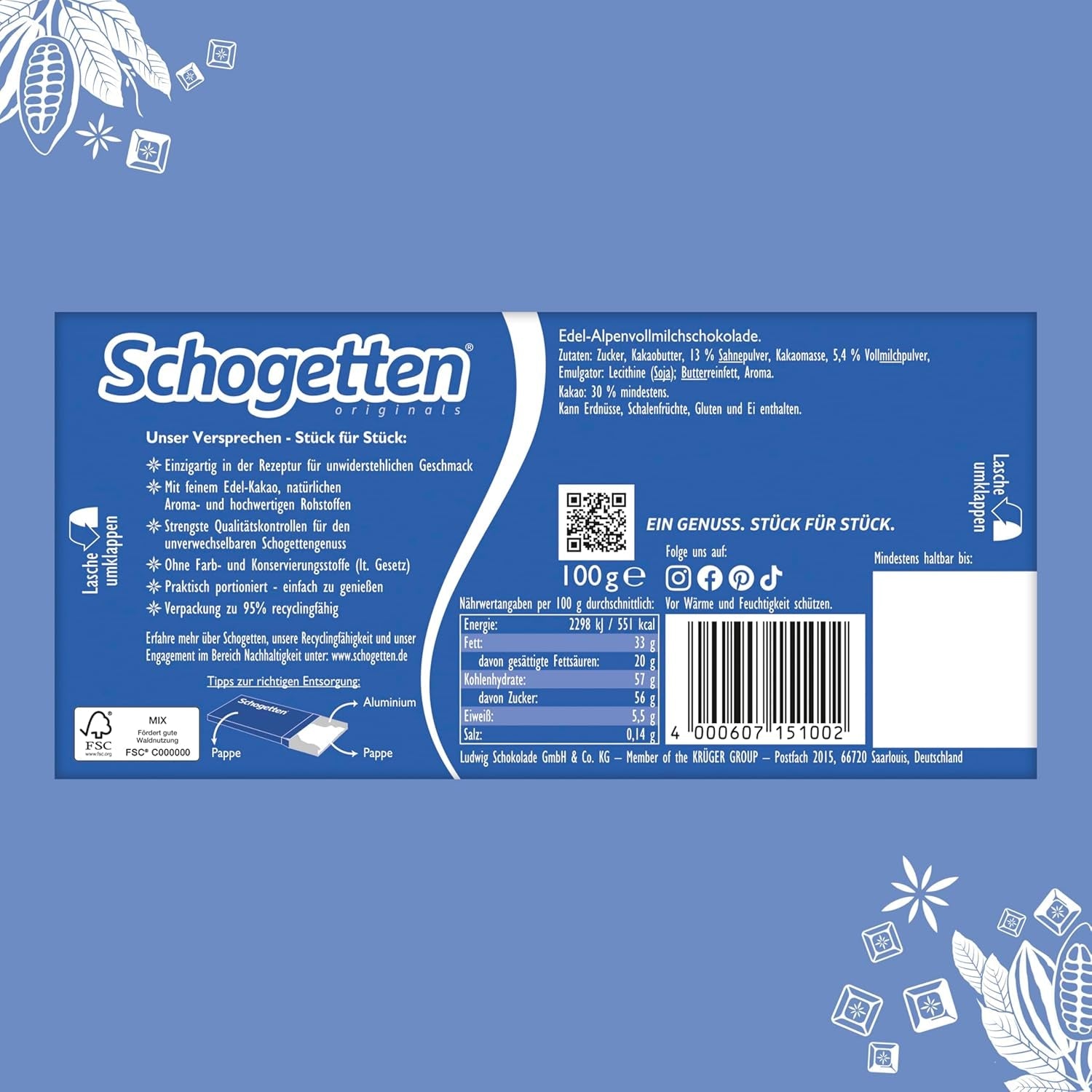 Tavoletta di cioccolato al latte Schogetten Premium Alpine, 100 g, porzionata individualmente. Una delizia. Pezzo per pezzo.